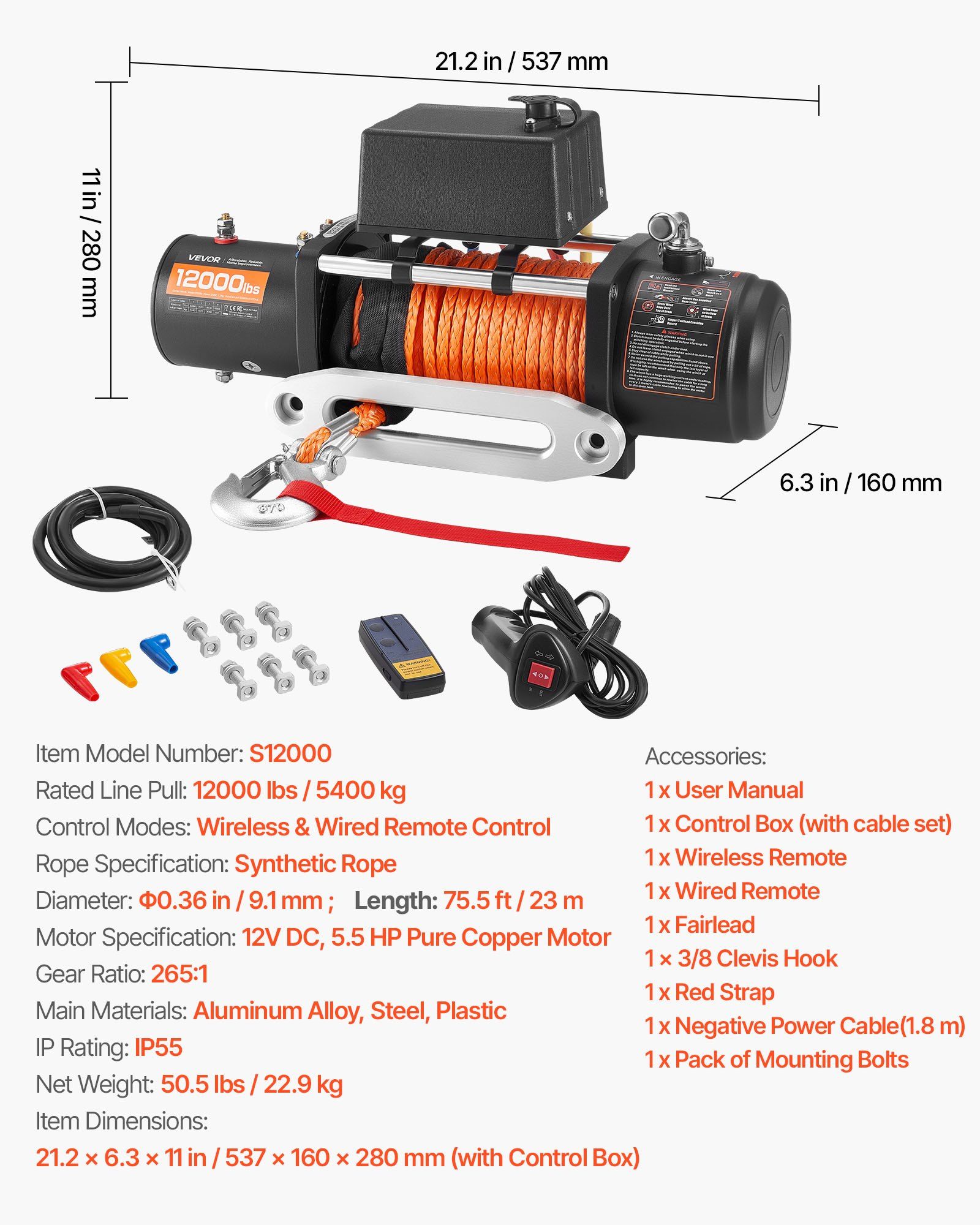 Electric Winch, 5400 kg Load Capacity, 12V DC Truck Winch with Φ9.1 mm x 23 m Synthetic Rope, Wireless & Wired Remote Control, IP55 Waterproof for Towing Off-Road SUV Jeep Trailer Boat - Image 7