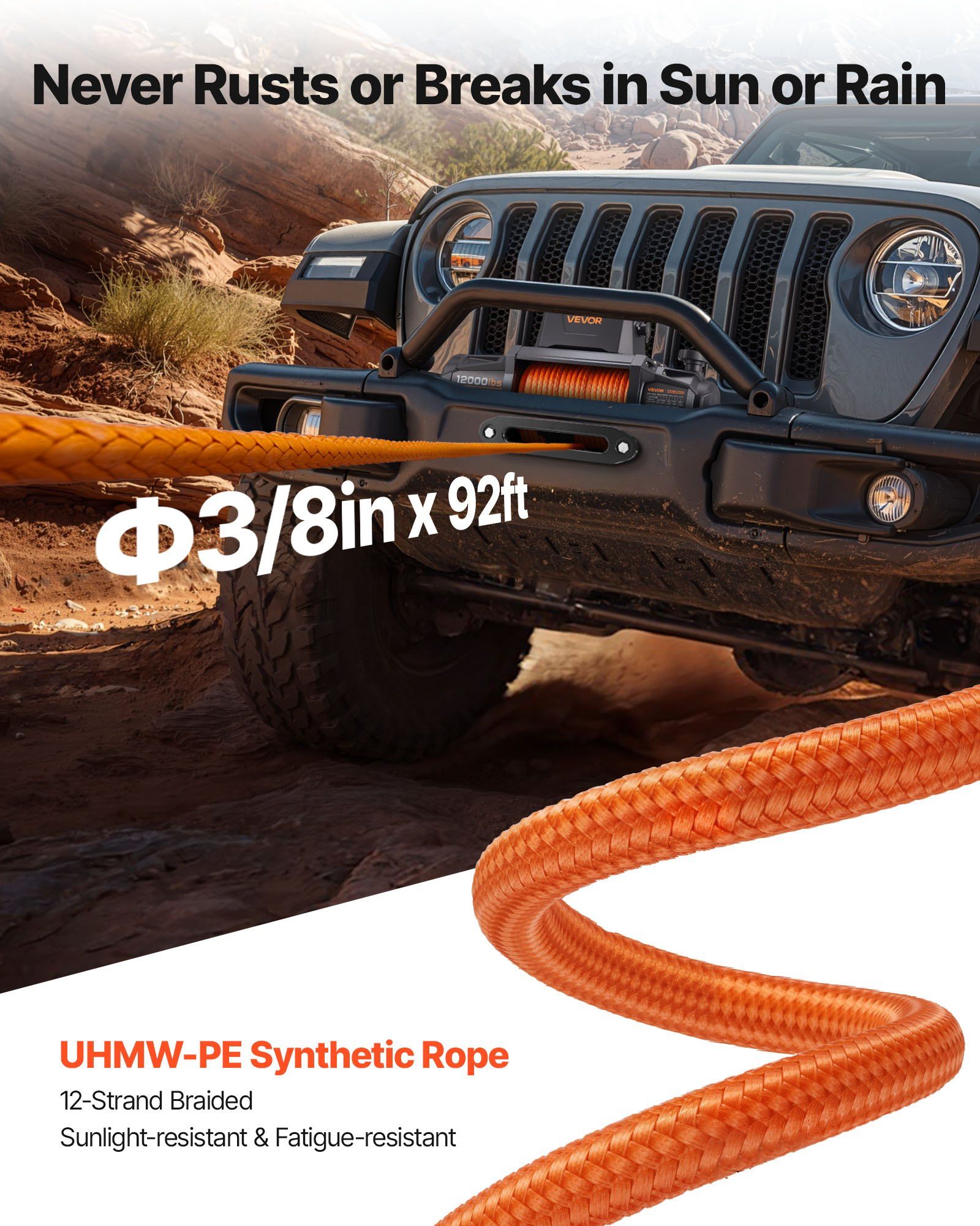 Electric Winch, 5400 kg Load Capacity, 12V DC Truck Winch with Φ9.5 mm x 28 m Synthetic Rope, Wireless & Wired Remote Control, IP67 Waterproof for Towing Off-Road SUV Jeep Trailer Boat - Image 4