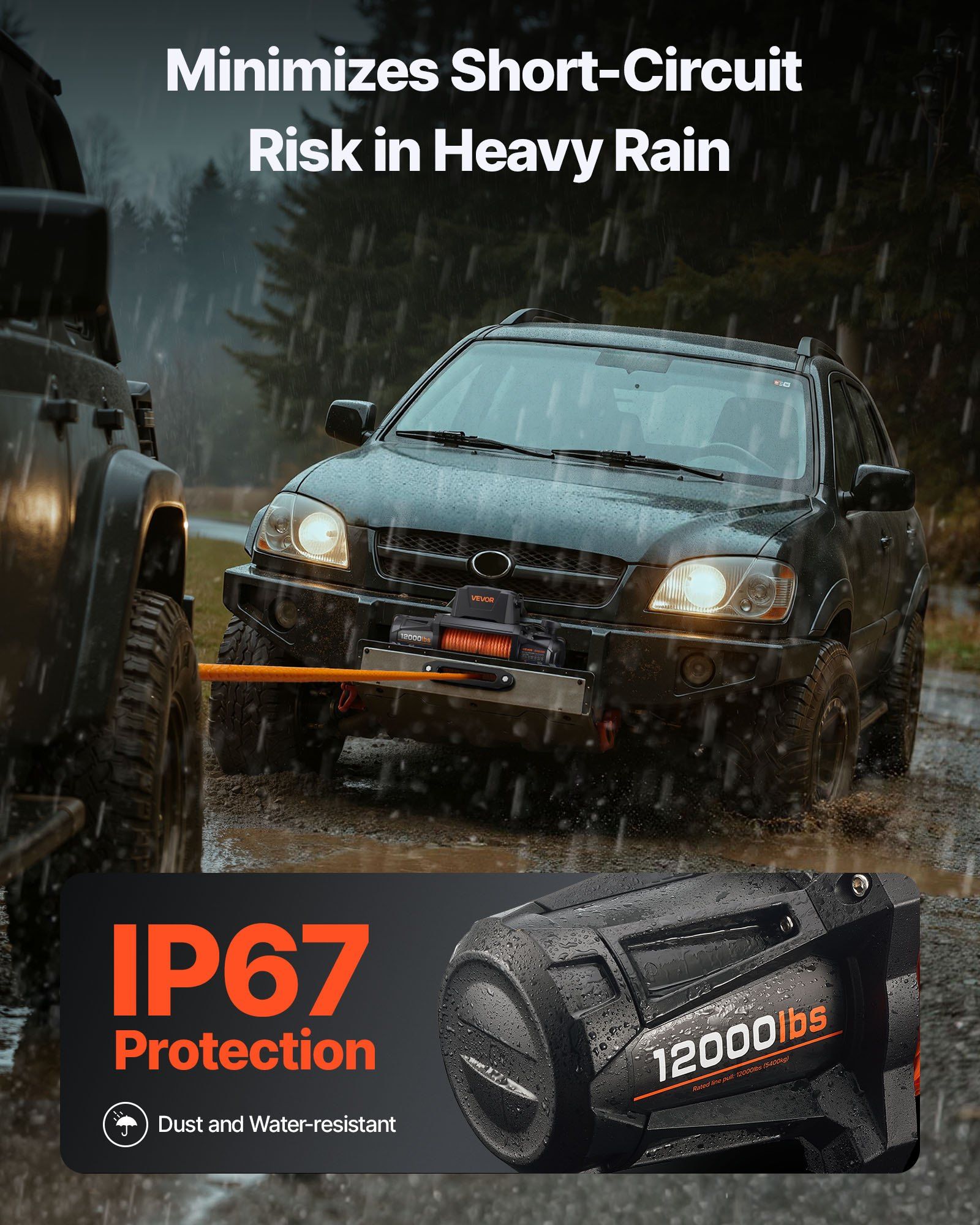 Electric Winch, 5400 kg Load Capacity, 12V DC Truck Winch with Φ9.5 mm x 28 m Synthetic Rope, Wireless & Wired Remote Control, IP67 Waterproof for Towing Off-Road SUV Jeep Trailer Boat - Image 5