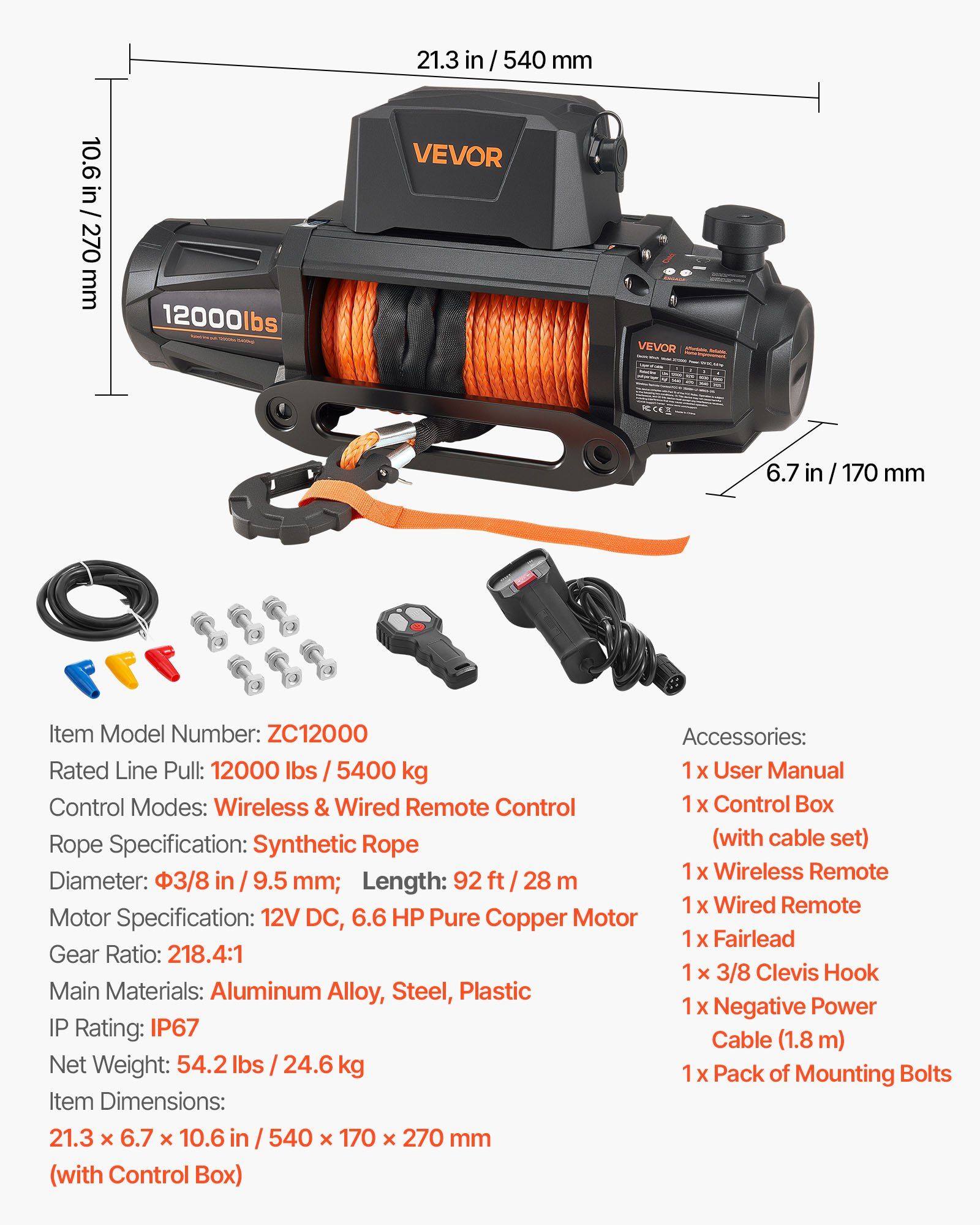 Electric Winch, 5400 kg Load Capacity, 12V DC Truck Winch with Φ9.5 mm x 28 m Synthetic Rope, Wireless & Wired Remote Control, IP67 Waterproof for Towing Off-Road SUV Jeep Trailer Boat - Image 7