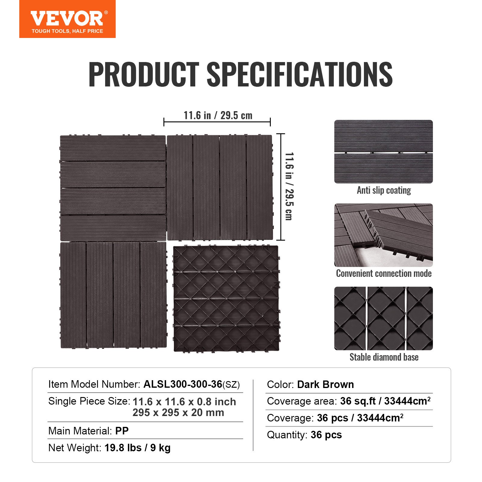 Interlocking Deck Tiles, 36 Pack,11.6