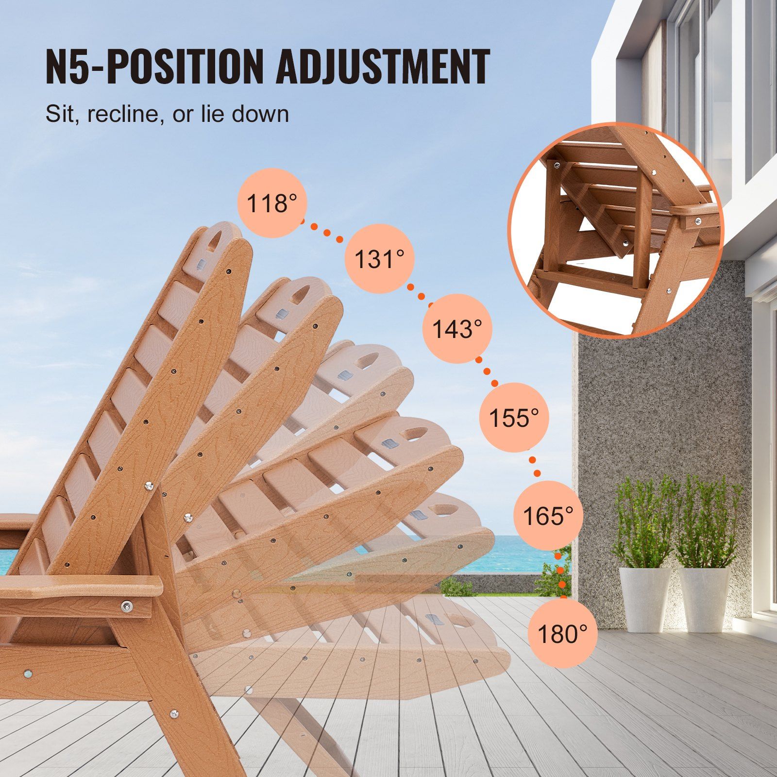 Chaise Lounge Chair, 181 kg Weight Capacity, 6 Positions Adjustable Patio Lounge Chair, Outdoor HDPE Lounge Chair with Backrest & Cup Holder, for Pool Poolside Deck Backyard Lawn, Brown - Image 3
