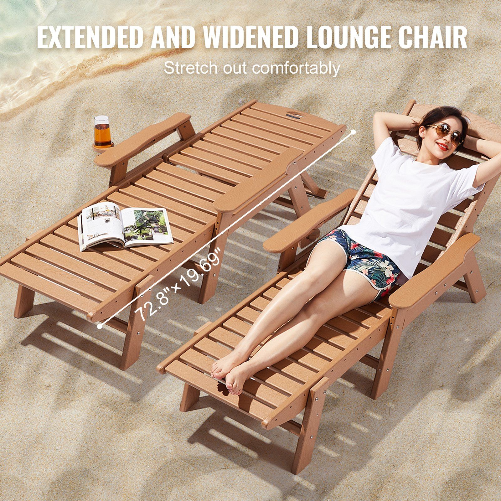 Chaise Lounge Chair, 181 kg Weight Capacity, 6 Positions Adjustable Patio Lounge Chair, Outdoor HDPE Lounge Chair with Backrest & Cup Holder, for Pool Poolside Deck Backyard Lawn, Brown - Image 5