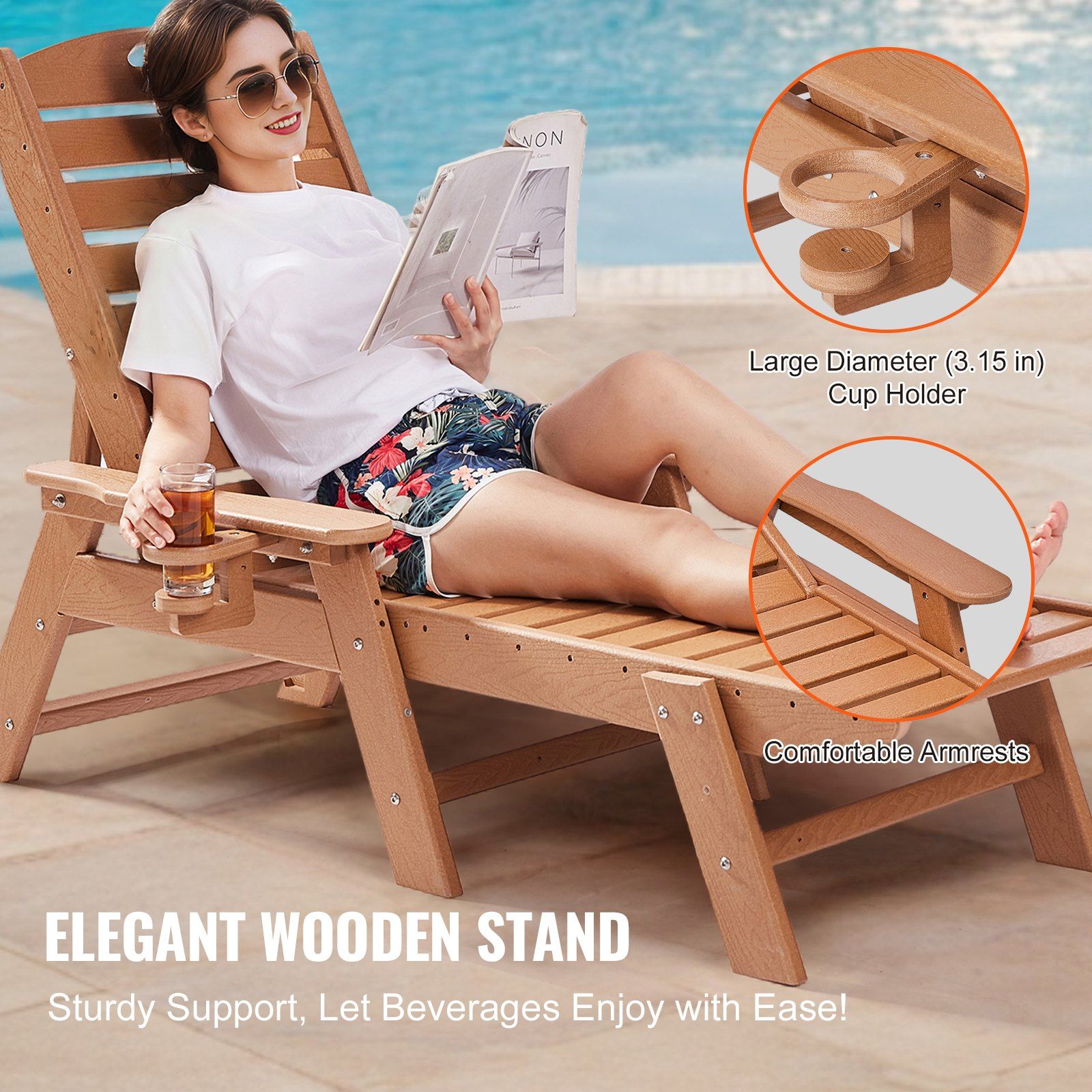 Chaise Lounge Chair, 181 kg Weight Capacity, 6 Positions Adjustable Patio Lounge Chair, Outdoor HDPE Lounge Chair with Backrest & Cup Holder, for Pool Poolside Deck Backyard Lawn, Brown - Image 6