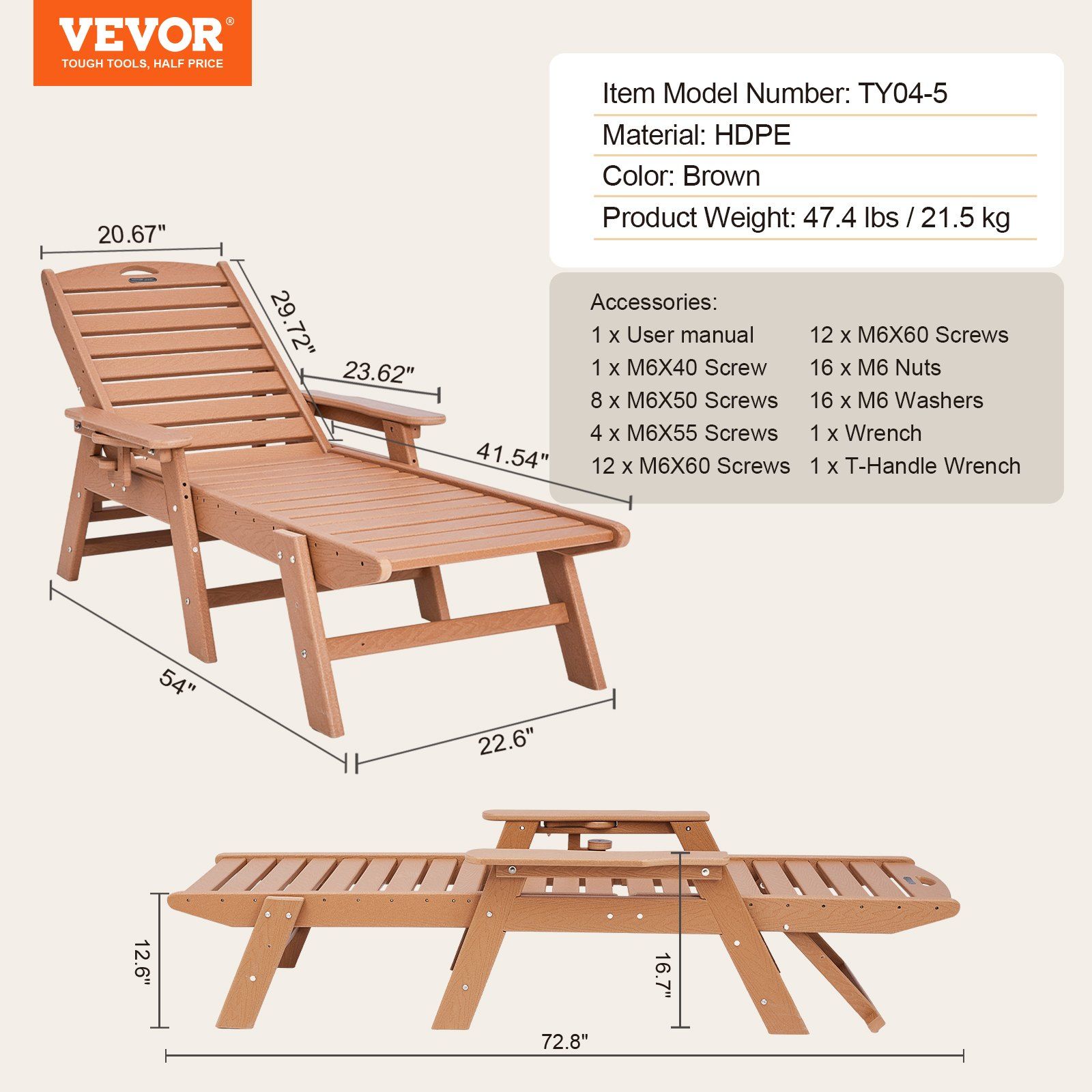 Chaise Lounge Chair, 181 kg Weight Capacity, 6 Positions Adjustable Patio Lounge Chair, Outdoor HDPE Lounge Chair with Backrest & Cup Holder, for Pool Poolside Deck Backyard Lawn, Brown - Image 7