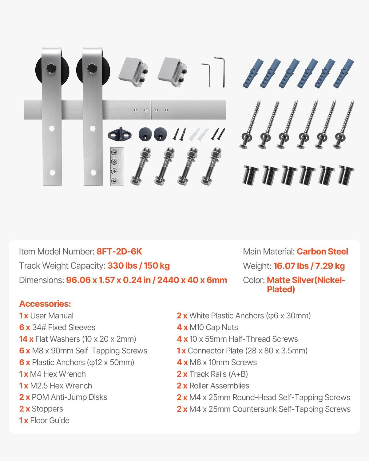 8FT Sliding Barn Door Hardware Kit, 330 LBS Weight Capacity, Compatible with 42 to 48 Inches Width & 1-3/8 to 1-3/4 Inches Thickness Single Sliding Barn Door, Durable Track & J-shape Roller - Image 7