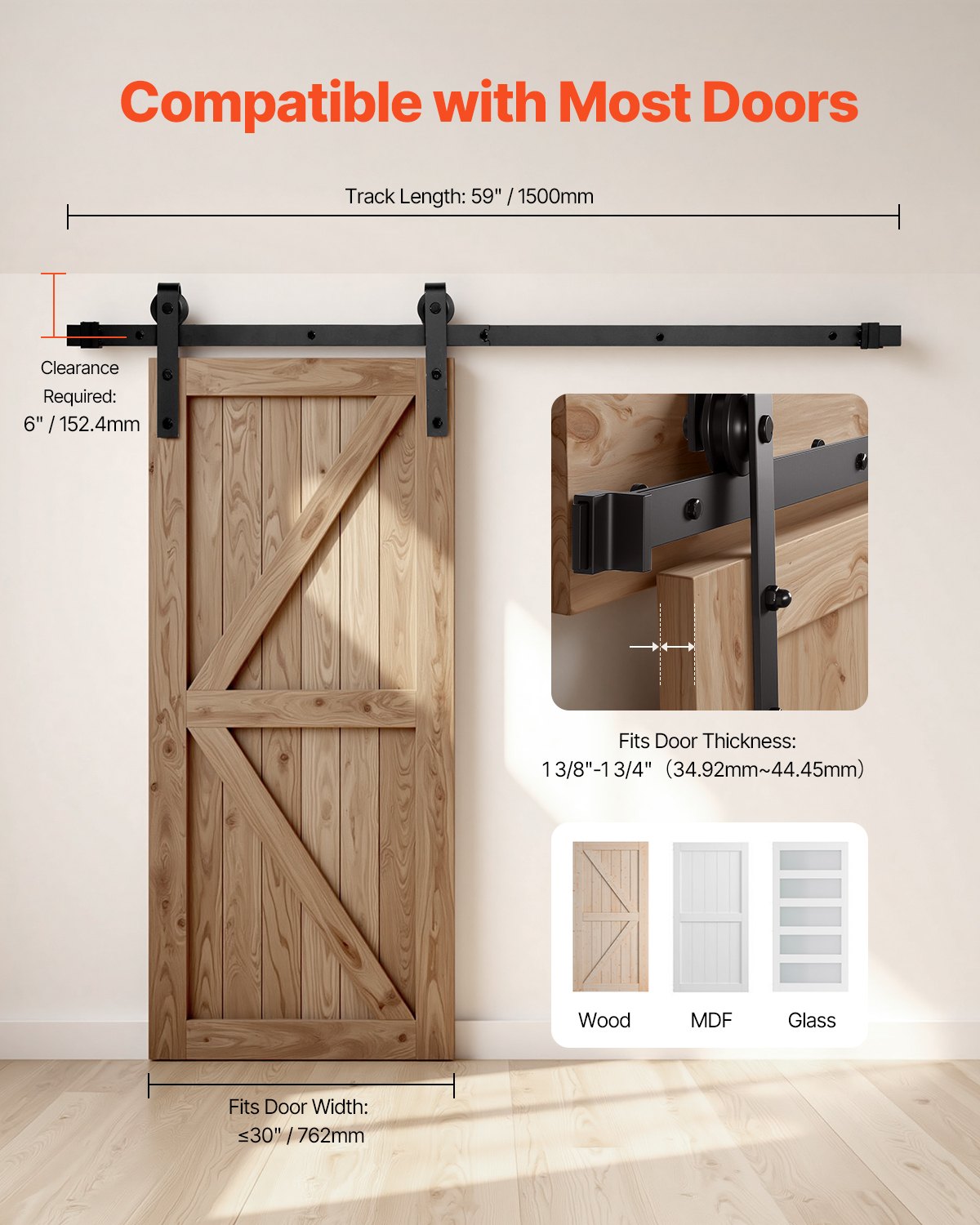 1500 mm Sliding Barn Door Hardware Kit for Single Sliding Barn Door Black - Image 6