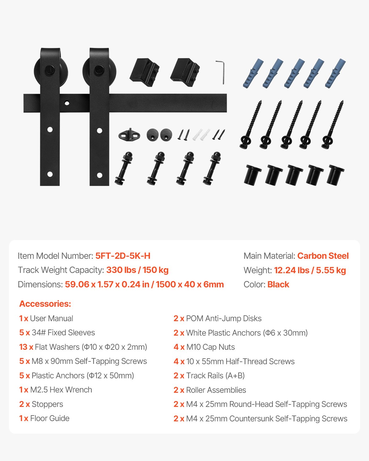 1500 mm Sliding Barn Door Hardware Kit for Single Sliding Barn Door Black - Image 7