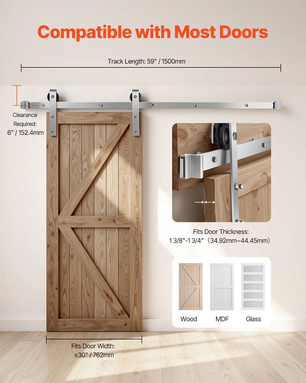 5FT Sliding Barn Door Hardware Kit, 330 LBS Weight Capacity, Compatible with 30 Inches Max Width & 1-3/8 to 1-3/4 Inches Thickness Single Sliding Barn Door, Durable Track & J-shape Roller Silver - Image 6