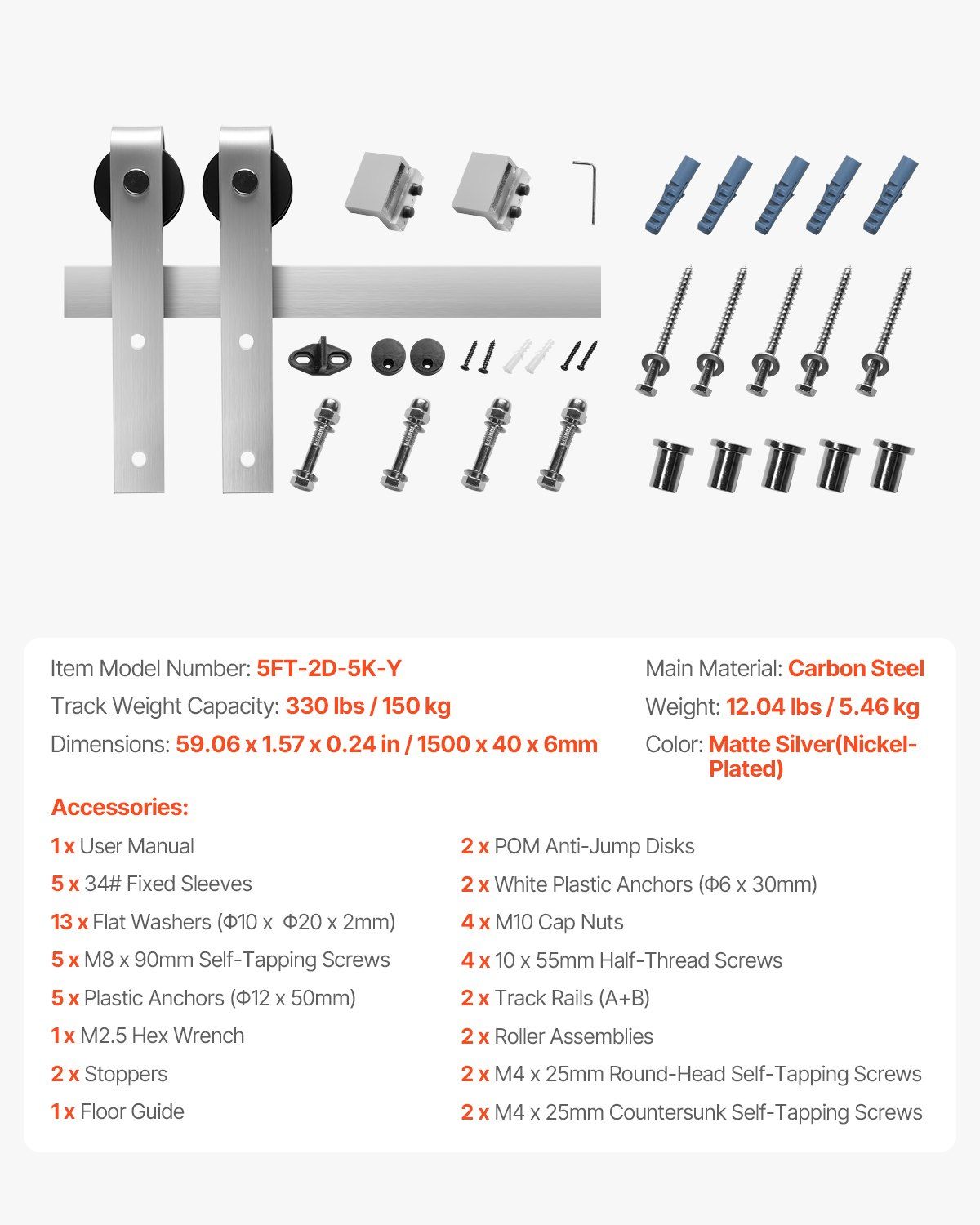 5FT Sliding Barn Door Hardware Kit, 330 LBS Weight Capacity, Compatible with 30 Inches Max Width & 1-3/8 to 1-3/4 Inches Thickness Single Sliding Barn Door, Durable Track & J-shape Roller Silver - Image 7