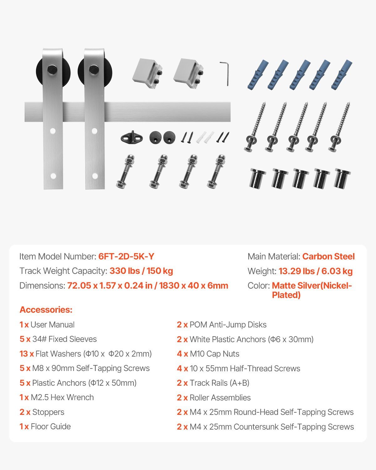 6FT Sliding Barn Door Hardware Kit, 330 LBS Weight Capacity, Compatible with 36 Inches Max Width & 1-3/8 to 1-3/4 Inches Thickness Single Sliding Barn Door, Durable Track & J-shape Roller Silver - Image 7
