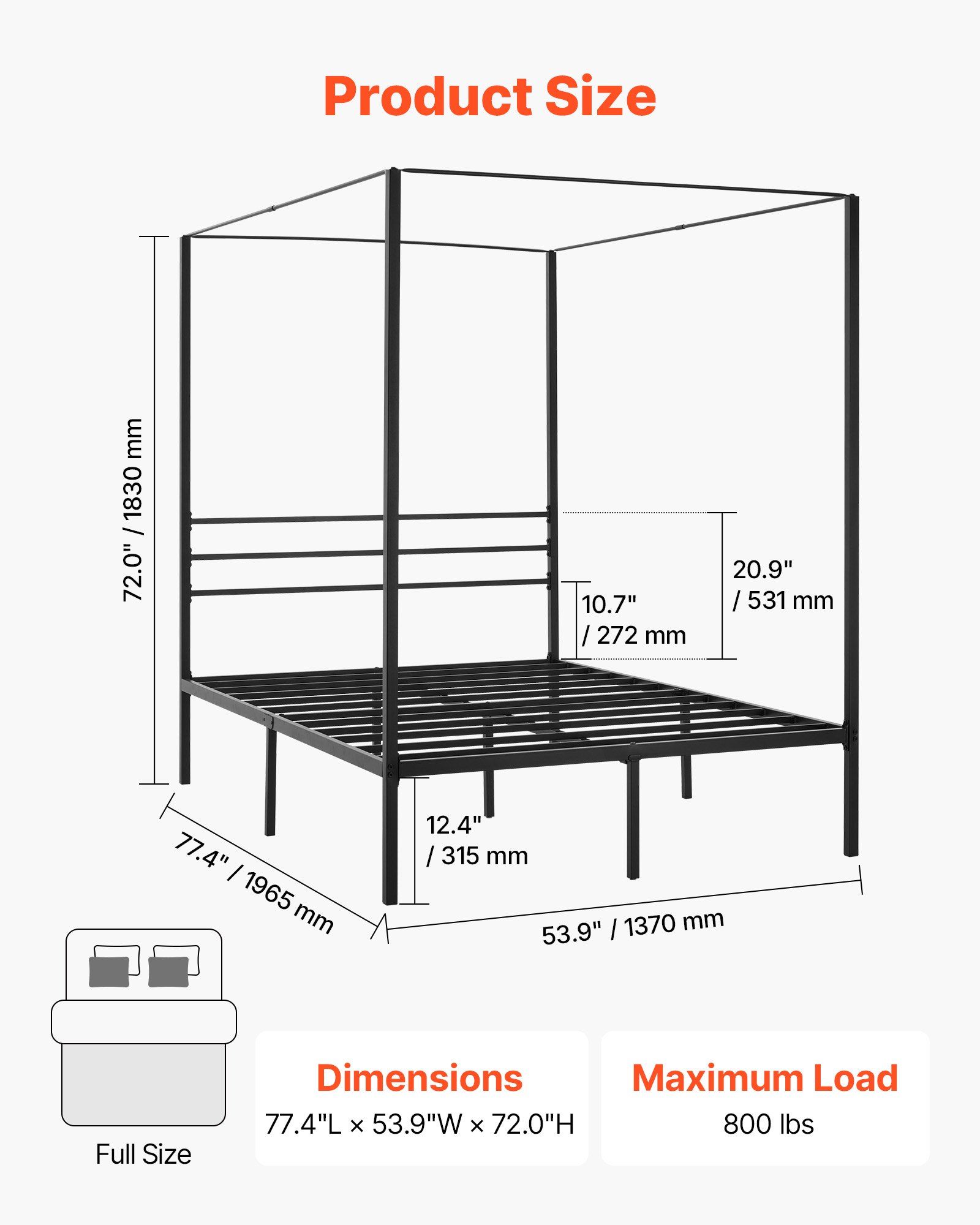 Full Size Canopy Bed Frame, Metal Canopy Bed with Four Posters Design, Heavy Duty Steel Slats Support, Underbed Storage Space, No Box Spring Needed, Easy Assembly, Black - Image 2