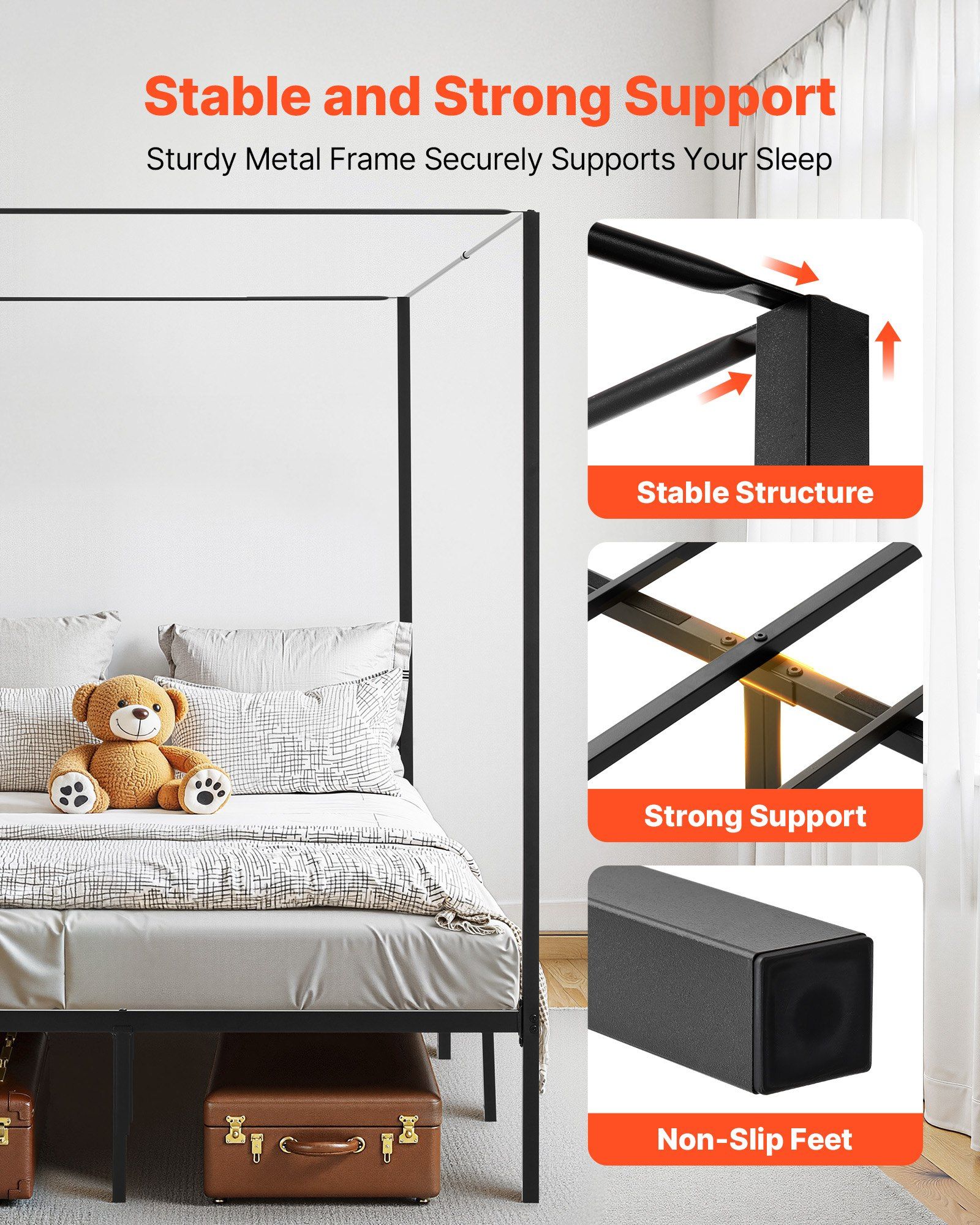 Full Size Canopy Bed Frame, Metal Canopy Bed with Four Posters Design, Heavy Duty Steel Slats Support, Underbed Storage Space, No Box Spring Needed, Easy Assembly, Black - Image 3