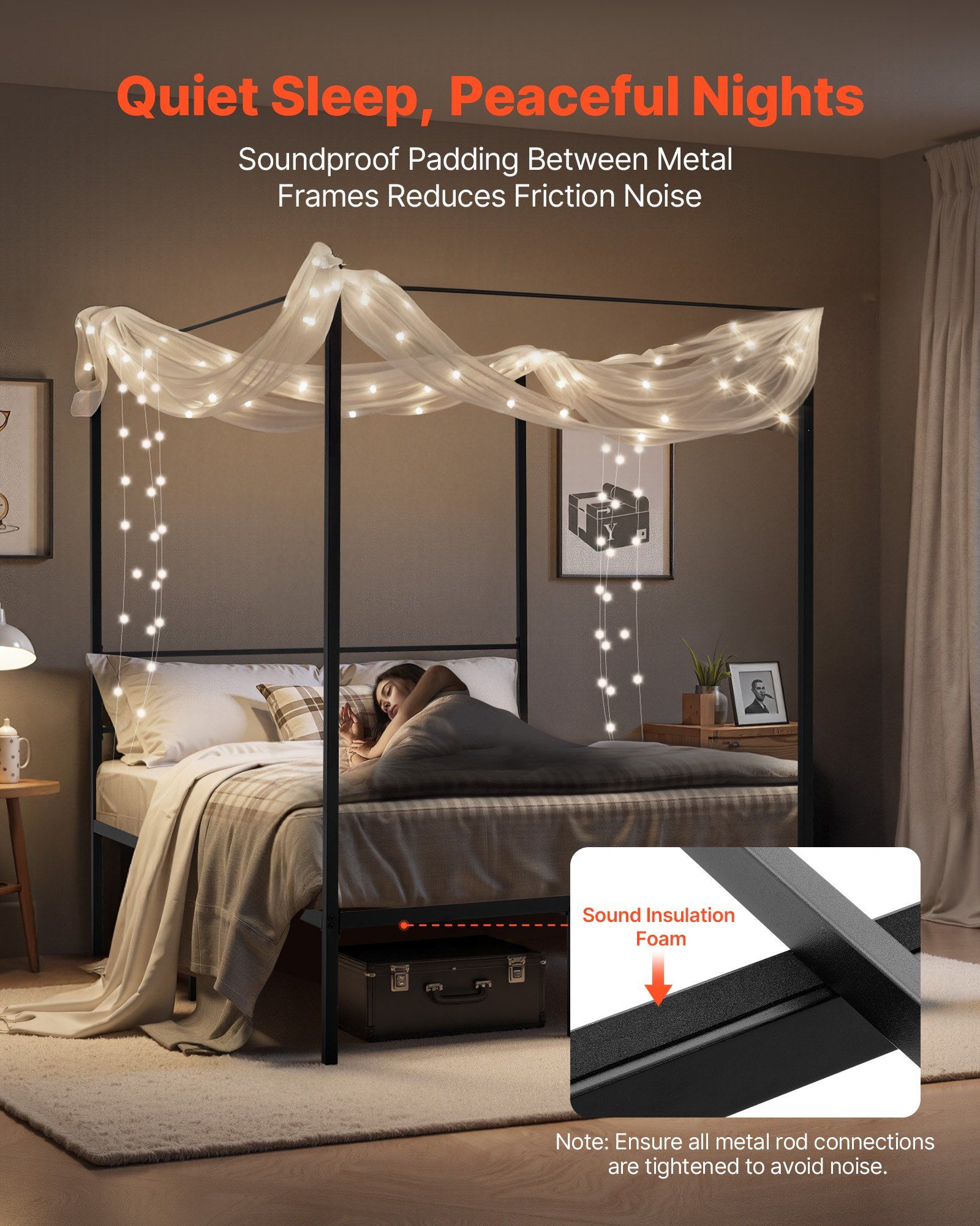 Full Size Canopy Bed Frame, Metal Canopy Bed with Four Posters Design, Heavy Duty Steel Slats Support, Underbed Storage Space, No Box Spring Needed, Easy Assembly, Black - Image 4