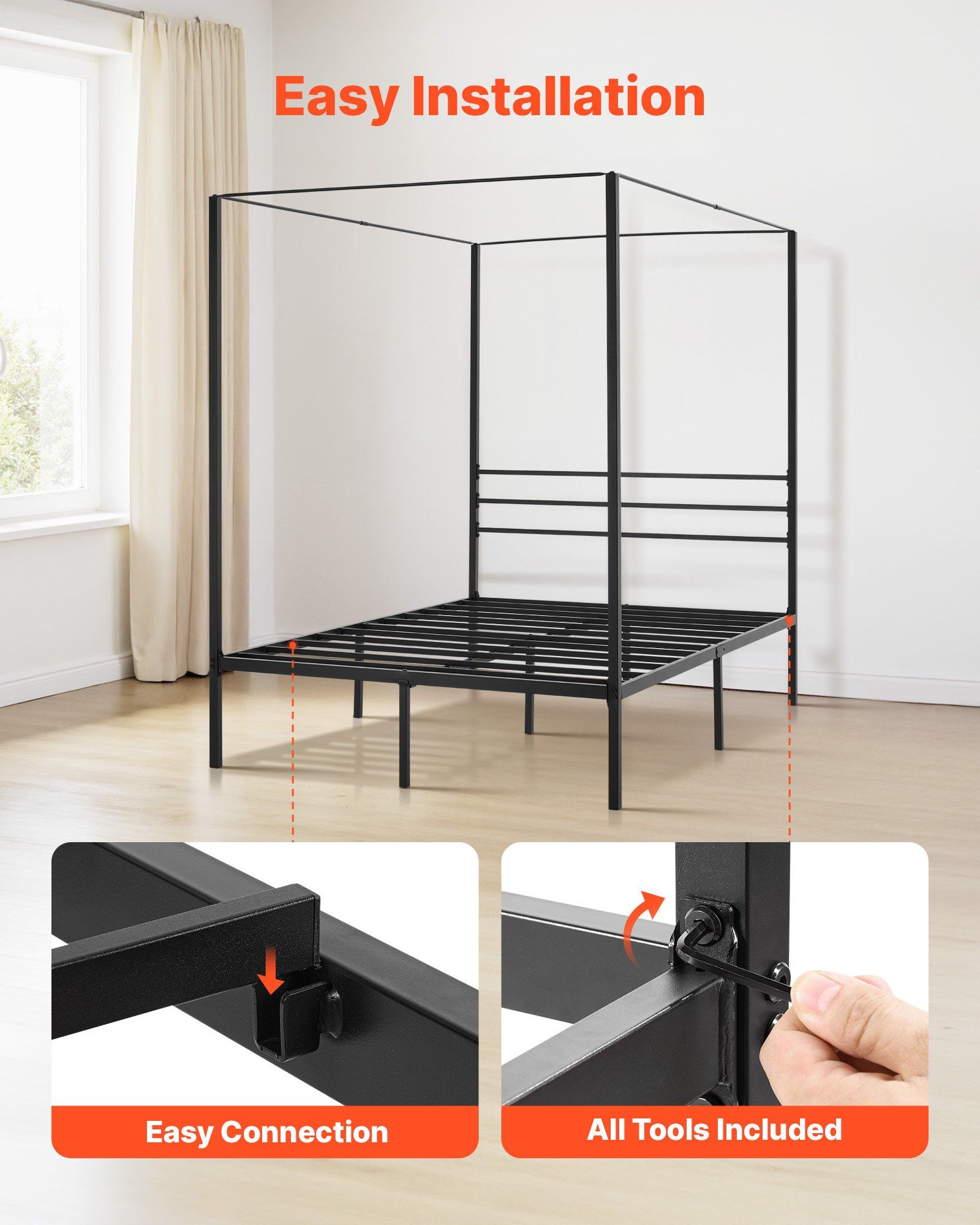 Full Size Canopy Bed Frame, Metal Canopy Bed with Four Posters Design, Heavy Duty Steel Slats Support, Underbed Storage Space, No Box Spring Needed, Easy Assembly, Black - Image 5