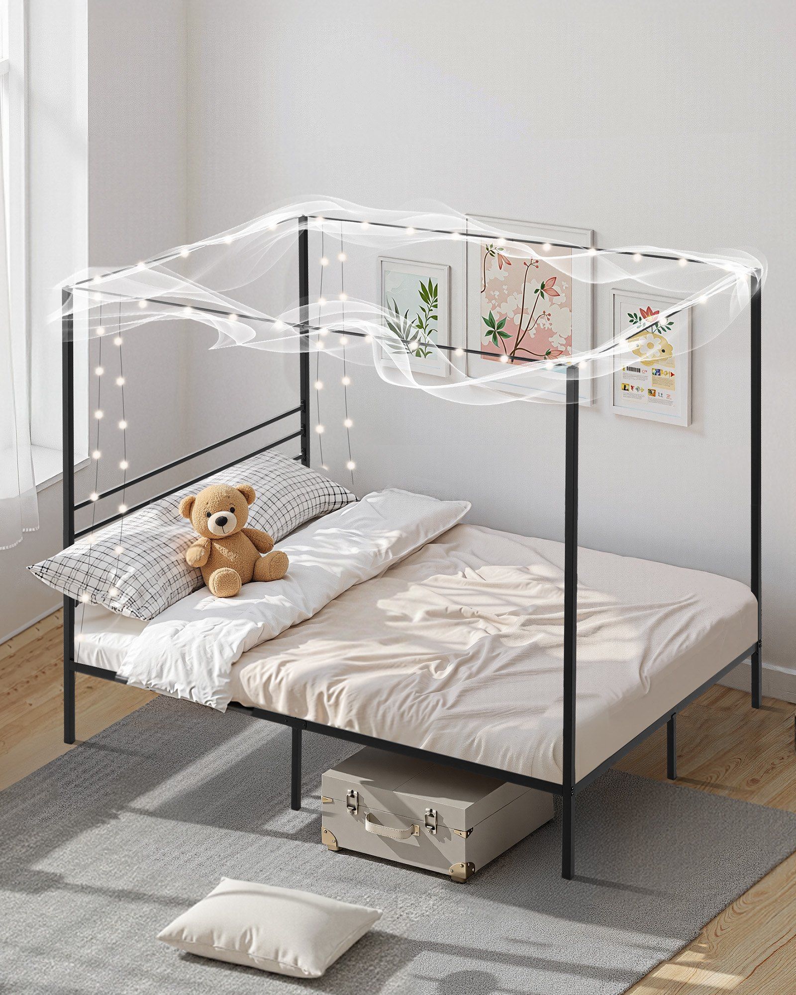 Full Size Canopy Bed Frame, Metal Canopy Bed with Four Posters Design, Heavy Duty Steel Slats Support, Underbed Storage Space, No Box Spring Needed, Easy Assembly, Black - Image 7