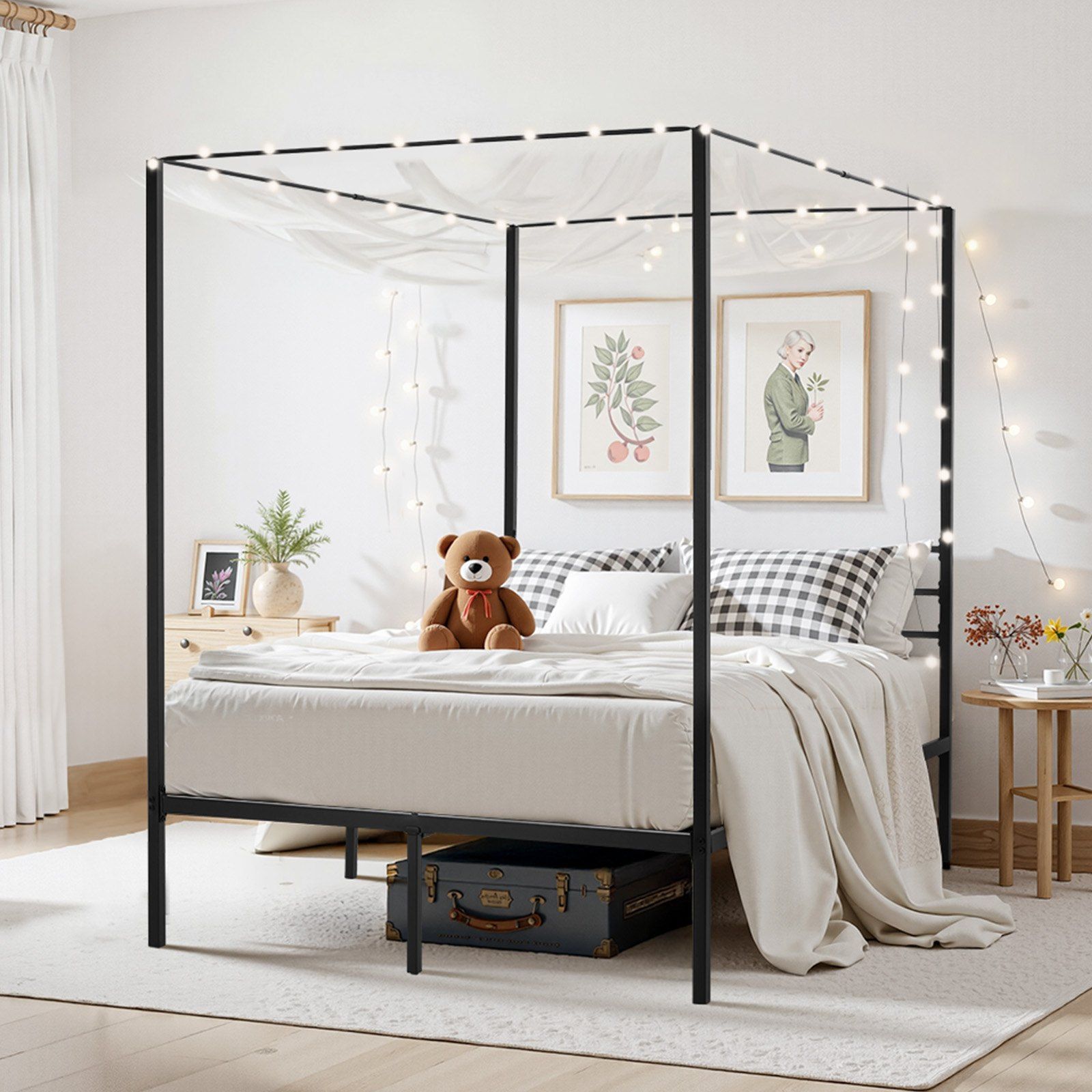 Full Size Canopy Bed Frame, Metal Canopy Bed with Four Posters Design, Heavy Duty Steel Slats Support, Underbed Storage Space, No Box Spring Needed, Easy Assembly, Black - Image 8