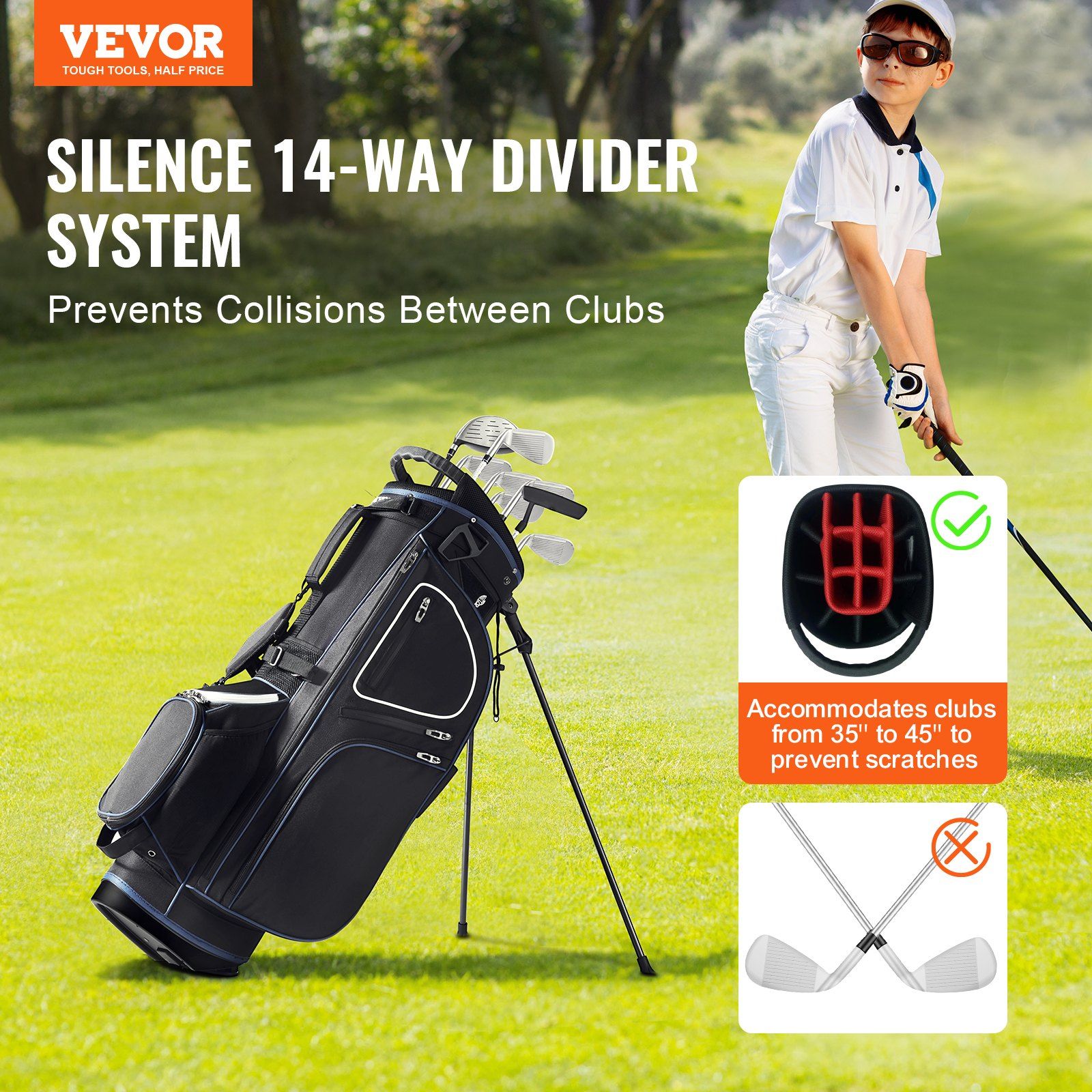 Golf Cart Bag with 14 Way Organizer Divider Top, 35” 11 Pockets Premium Cart Bag with Stand, Durable Golf Bags with Handles & Dust Cover & Detachable Dual Strap for Men & Women, Black White - Image 2
