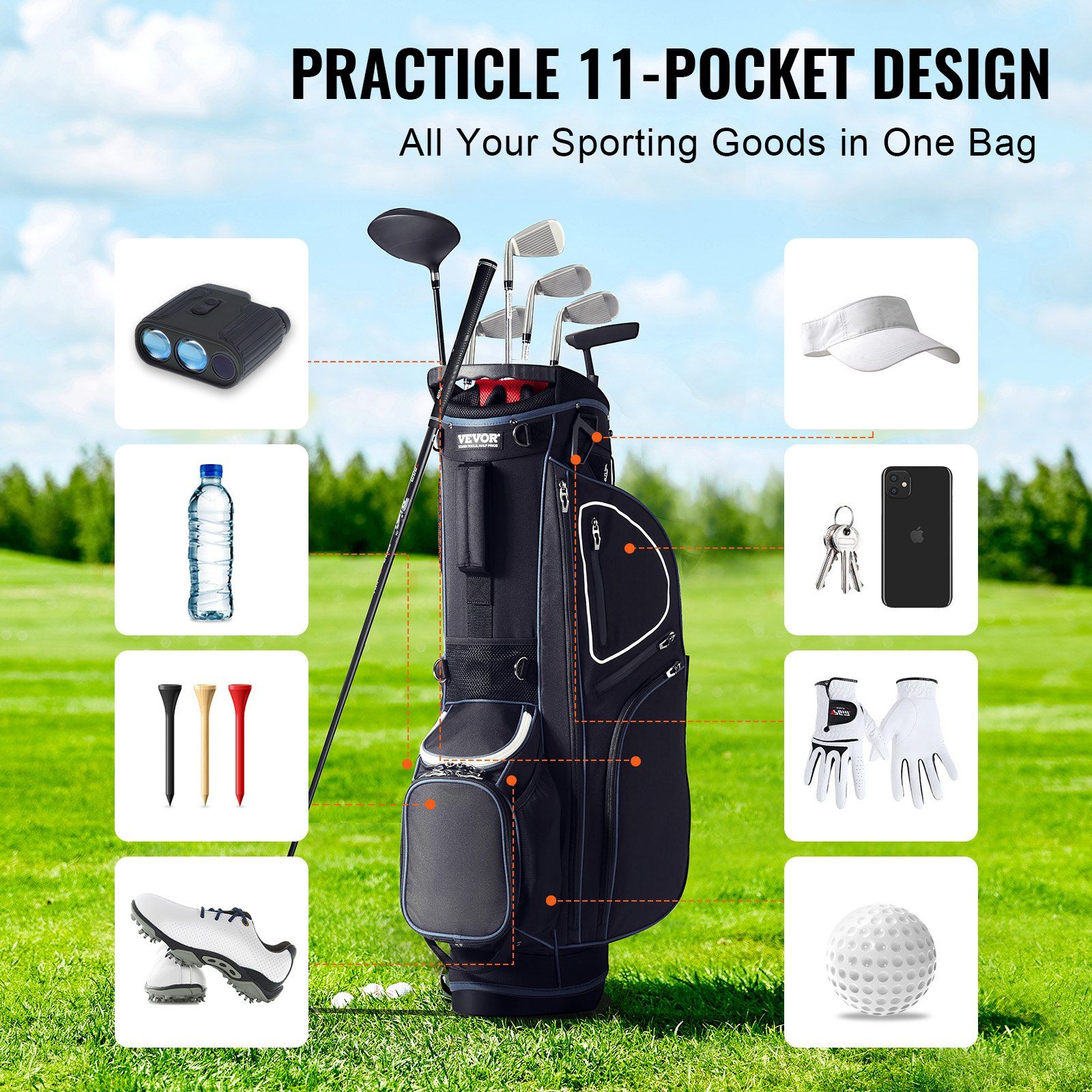 Golf Cart Bag with 14 Way Organizer Divider Top, 35” 11 Pockets Premium Cart Bag with Stand, Durable Golf Bags with Handles & Dust Cover & Detachable Dual Strap for Men & Women, Black White - Image 4
