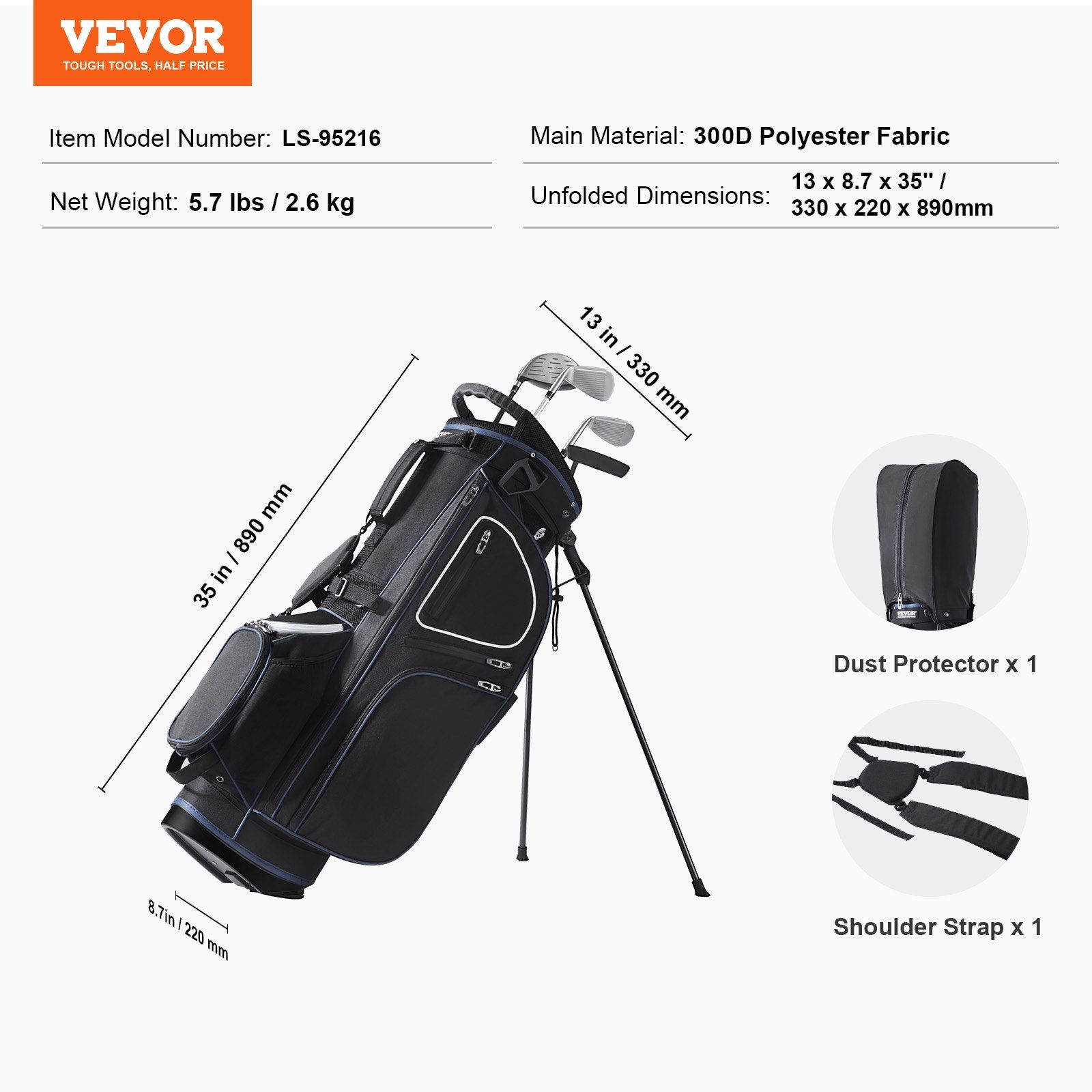 Golf Cart Bag with 14 Way Organizer Divider Top, 35” 11 Pockets Premium Cart Bag with Stand, Durable Golf Bags with Handles & Dust Cover & Detachable Dual Strap for Men & Women, Black White - Image 7