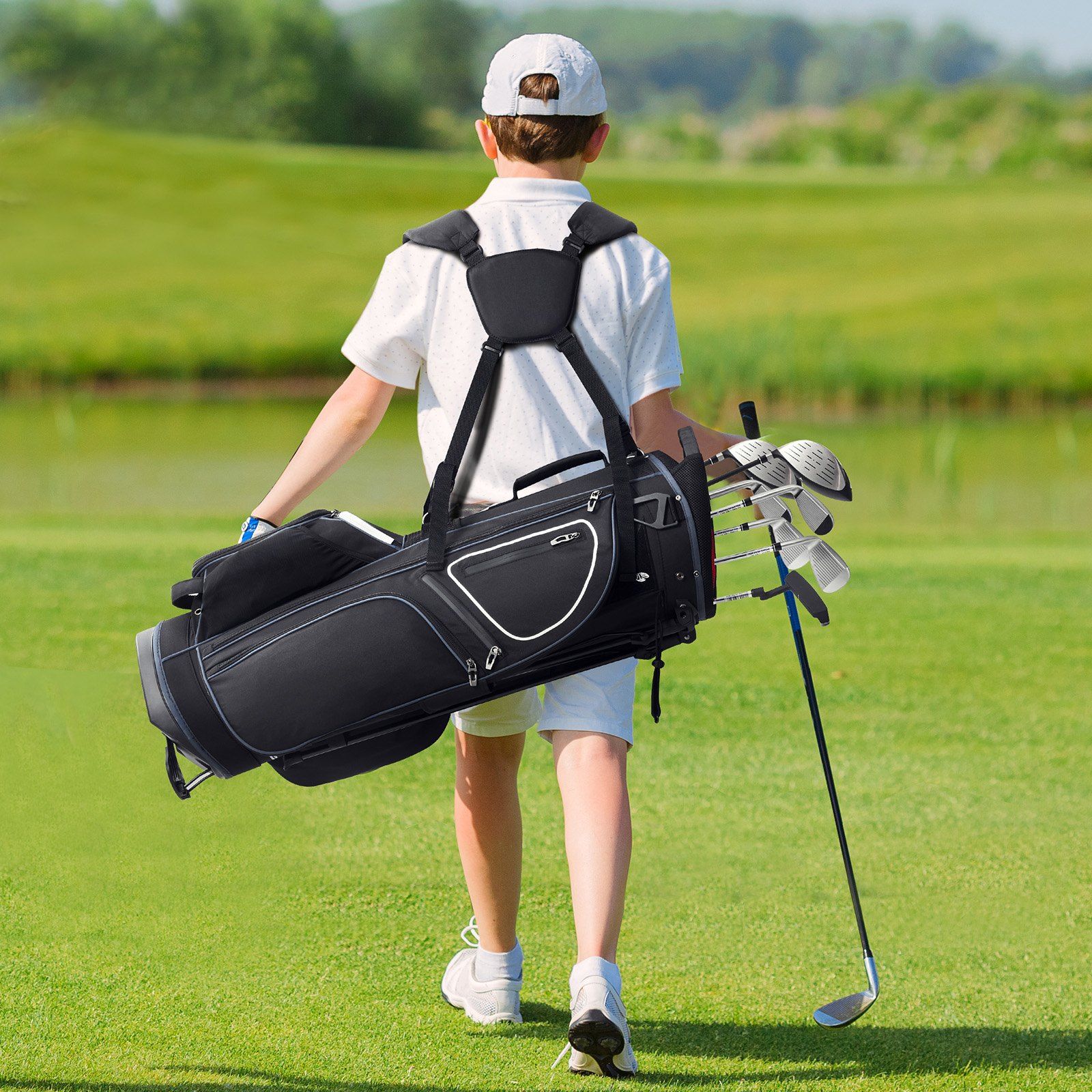 Golf Cart Bag with 14 Way Organizer Divider Top, 35” 11 Pockets Premium Cart Bag with Stand, Durable Golf Bags with Handles & Dust Cover & Detachable Dual Strap for Men & Women, Black White - Image 8