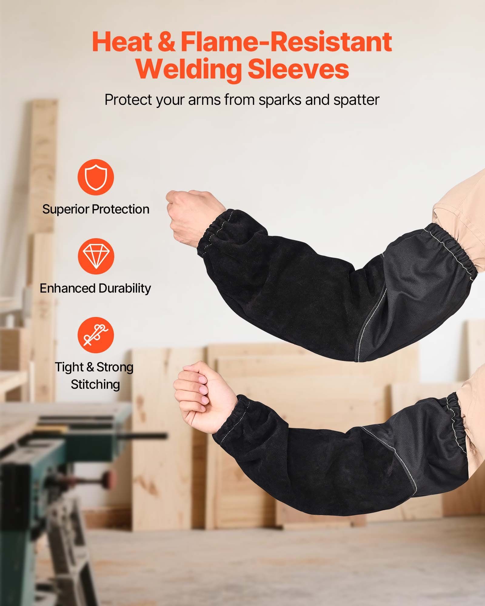 Flame Resistant Welding Work Sleeves, Heavy Duty Cowhide Leather & FR Cotton Arm Protection Sleeves for Men Women - with Elastic Cuffs for Welding, Blacksmithing, Woodworking - Image 2
