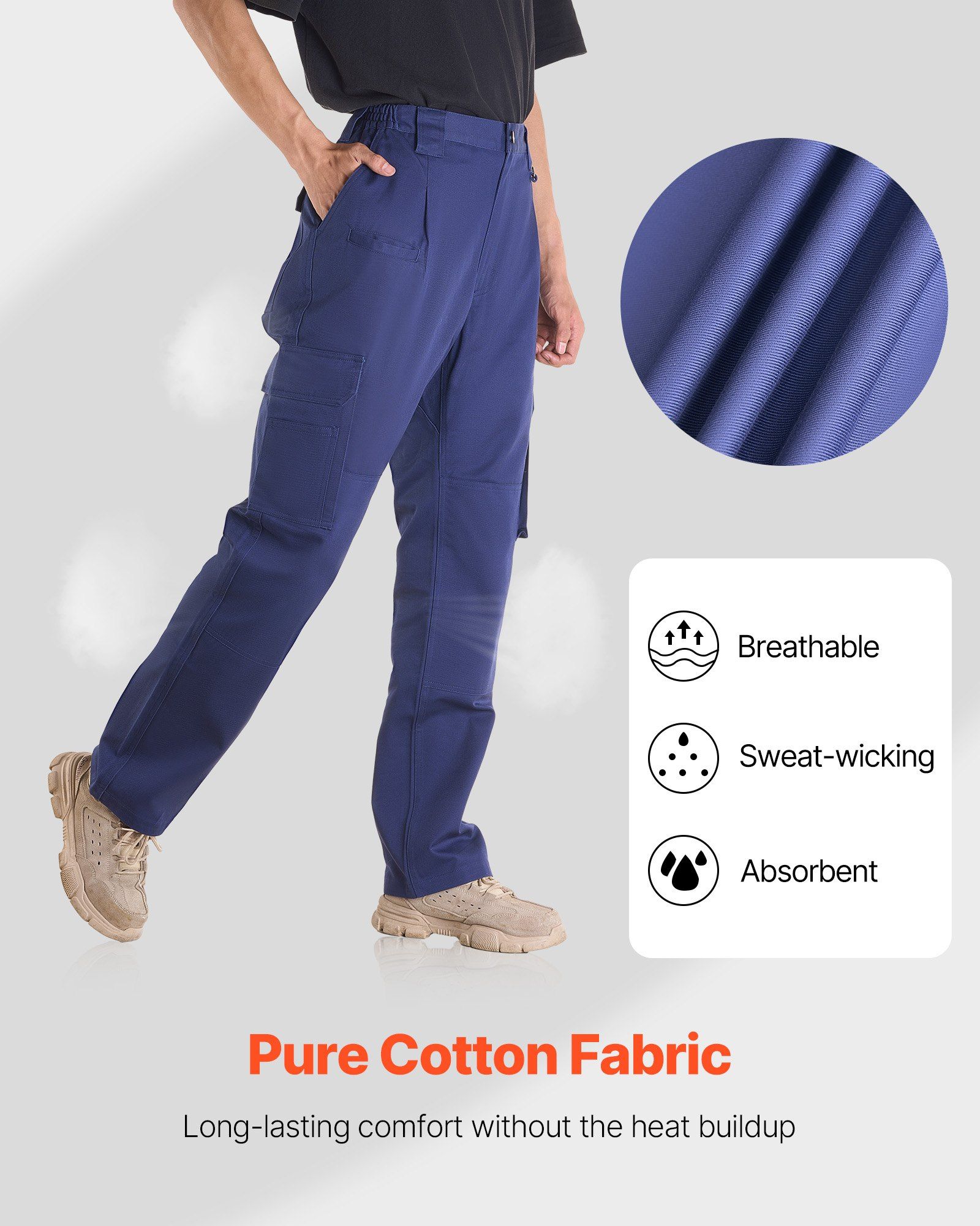 FR Pants for Men, 100% Cotton, Flame-Resistant Cargo Pants with Multi-Pockets and Elastic Waist, Reinforced Tear-proof Stitching, Ideal for Welding Work and Casual Wear, M Size, Dark Blue - Image 2