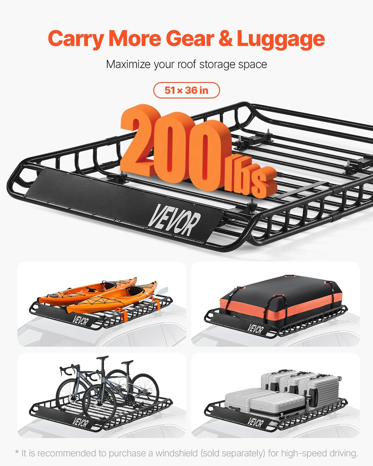 Roof Rack Basket, 1300 x 910 x 105 mm, Universal Rooftop Cargo Carrier with 44.1 x 34.3 x 10.2 in Cargo Bag, Net, Ratchet Straps, 90.7 kg Max Load Capacity Car Top Luggage Holder, for SUV Car - Image 2