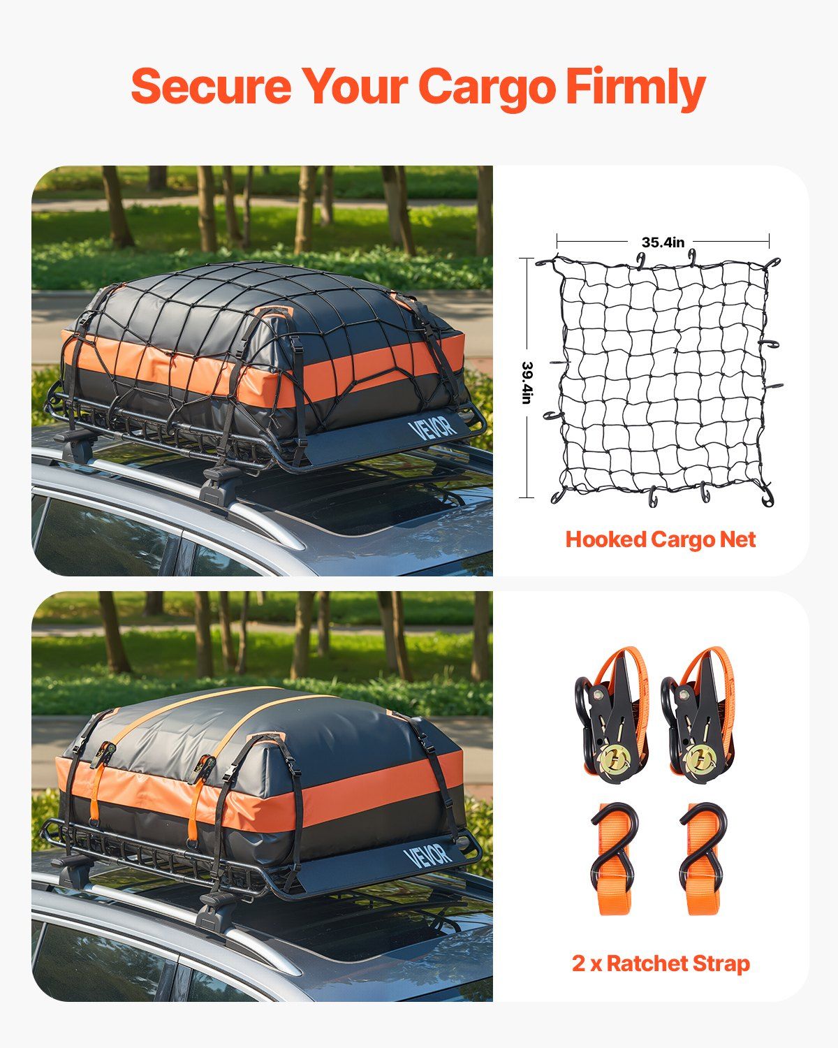 Roof Rack Basket, 1300 x 910 x 105 mm, Universal Rooftop Cargo Carrier with 44.1 x 34.3 x 10.2 in Cargo Bag, Net, Ratchet Straps, 90.7 kg Max Load Capacity Car Top Luggage Holder, for SUV Car - Image 6