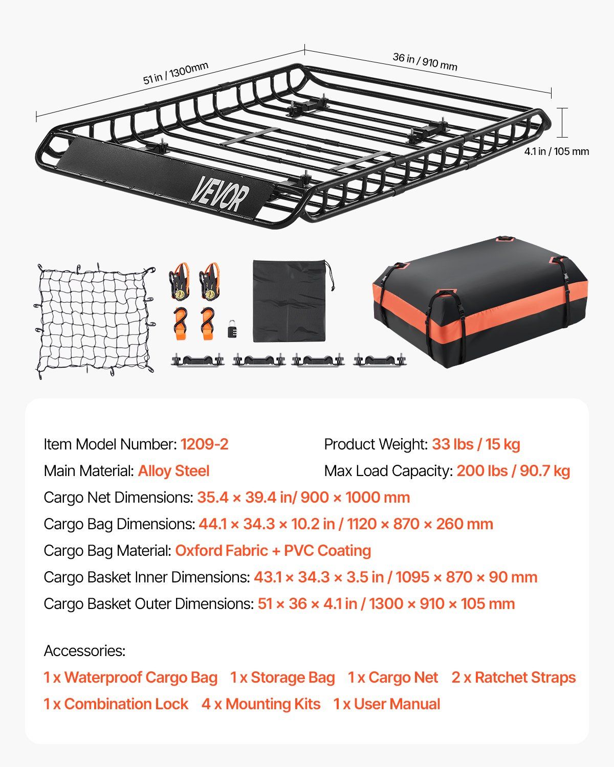 Roof Rack Basket, 1300 x 910 x 105 mm, Universal Rooftop Cargo Carrier with 44.1 x 34.3 x 10.2 in Cargo Bag, Net, Ratchet Straps, 90.7 kg Max Load Capacity Car Top Luggage Holder, for SUV Car - Image 7