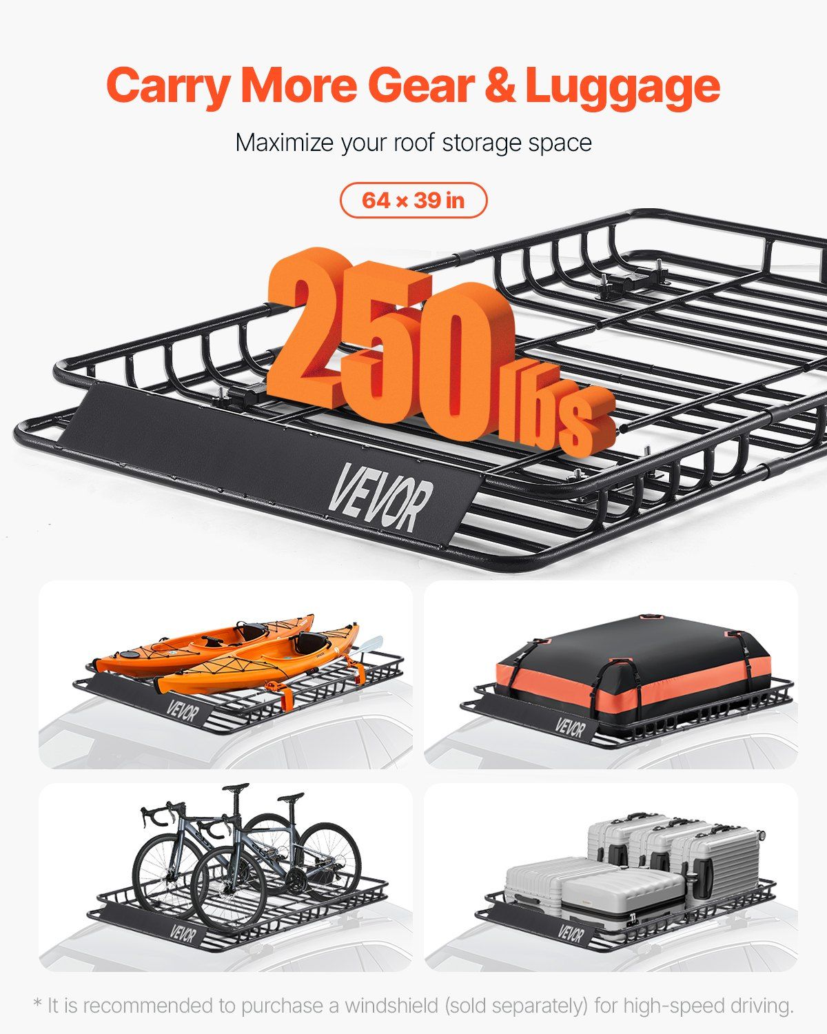Roof Rack Basket, 1625 x 990 x 105 mm, Universal Rooftop Cargo Carrier with 1120 x 870 x 260 mm Cargo Bag, Net, Ratchet Straps, 113.4 kg Max Load Capacity Car Top Luggage Holder, for SUV Car - Image 2