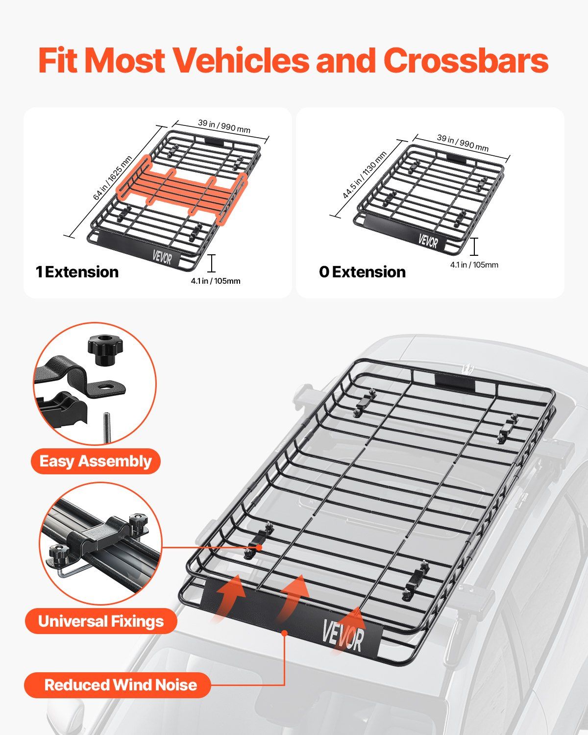 Roof Rack Basket, 1625 x 990 x 105 mm, Universal Rooftop Cargo Carrier with 1120 x 870 x 260 mm Cargo Bag, Net, Ratchet Straps, 113.4 kg Max Load Capacity Car Top Luggage Holder, for SUV Car - Image 3