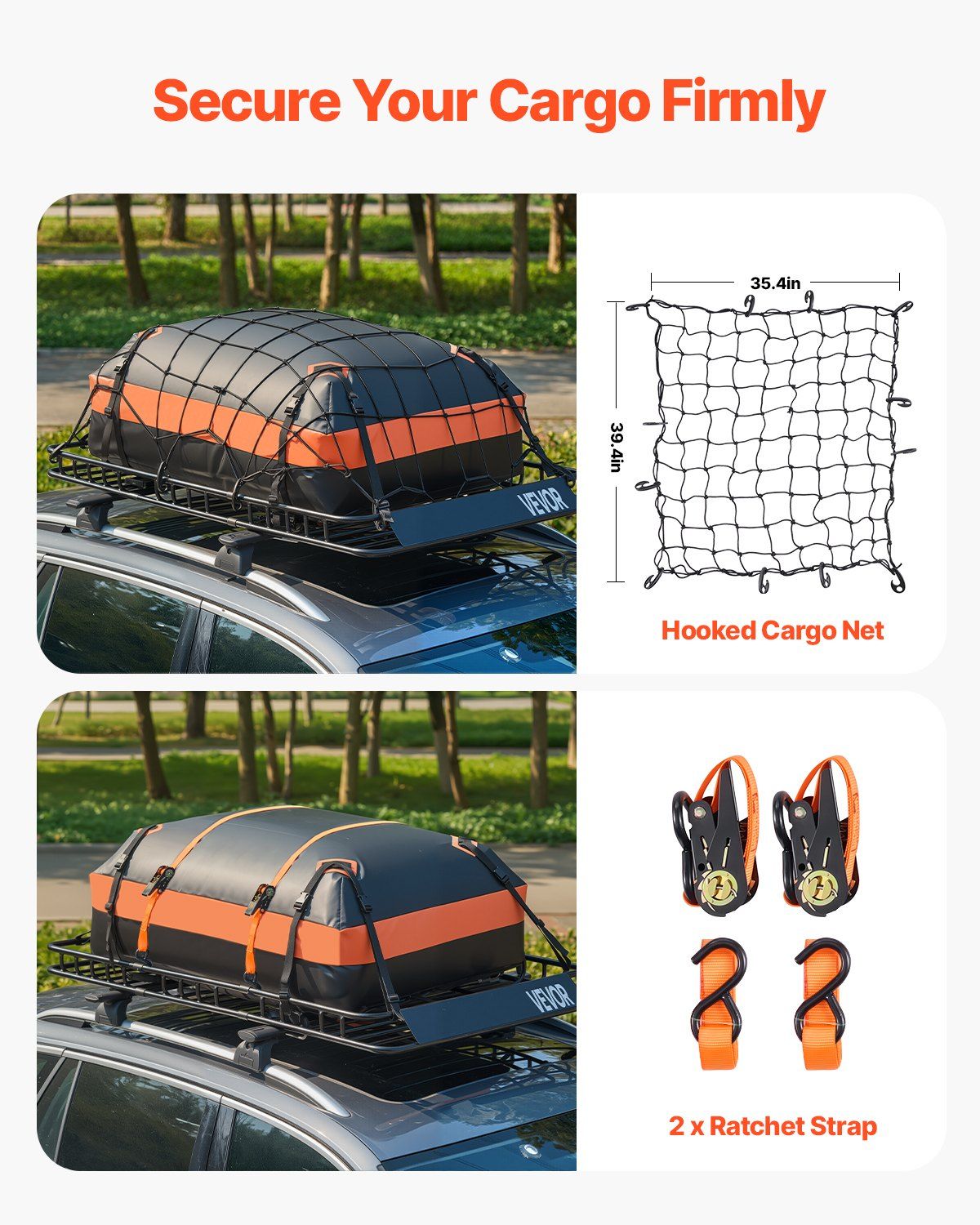 Roof Rack Basket, 1625 x 990 x 105 mm, Universal Rooftop Cargo Carrier with 1120 x 870 x 260 mm Cargo Bag, Net, Ratchet Straps, 113.4 kg Max Load Capacity Car Top Luggage Holder, for SUV Car - Image 6