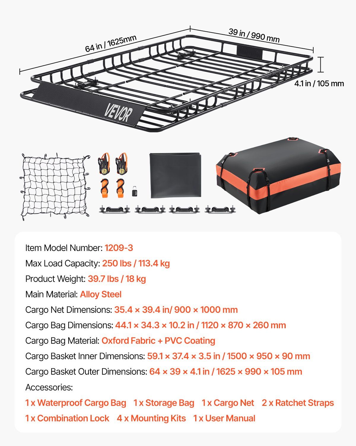 Roof Rack Basket, 1625 x 990 x 105 mm, Universal Rooftop Cargo Carrier with 1120 x 870 x 260 mm Cargo Bag, Net, Ratchet Straps, 113.4 kg Max Load Capacity Car Top Luggage Holder, for SUV Car - Image 7