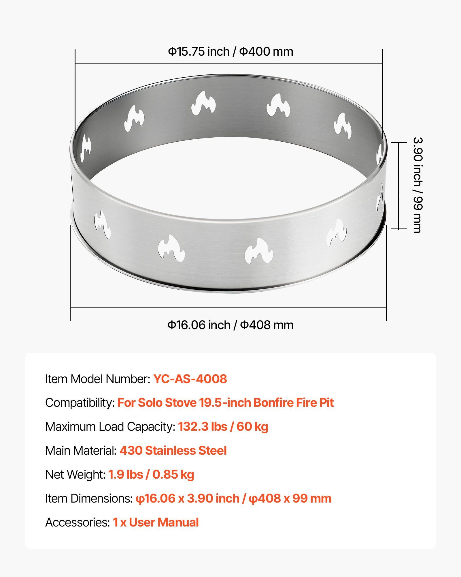 Fire Pit Stand for Solo Stove Bonfire, 49.5 cm Smokeless Fire Pit Ring, Stainless Steel Fireplace Stove Ranger Support Frame Accessory, Portable Outdoor Camping Holder Tools for Fireplace - Image 7