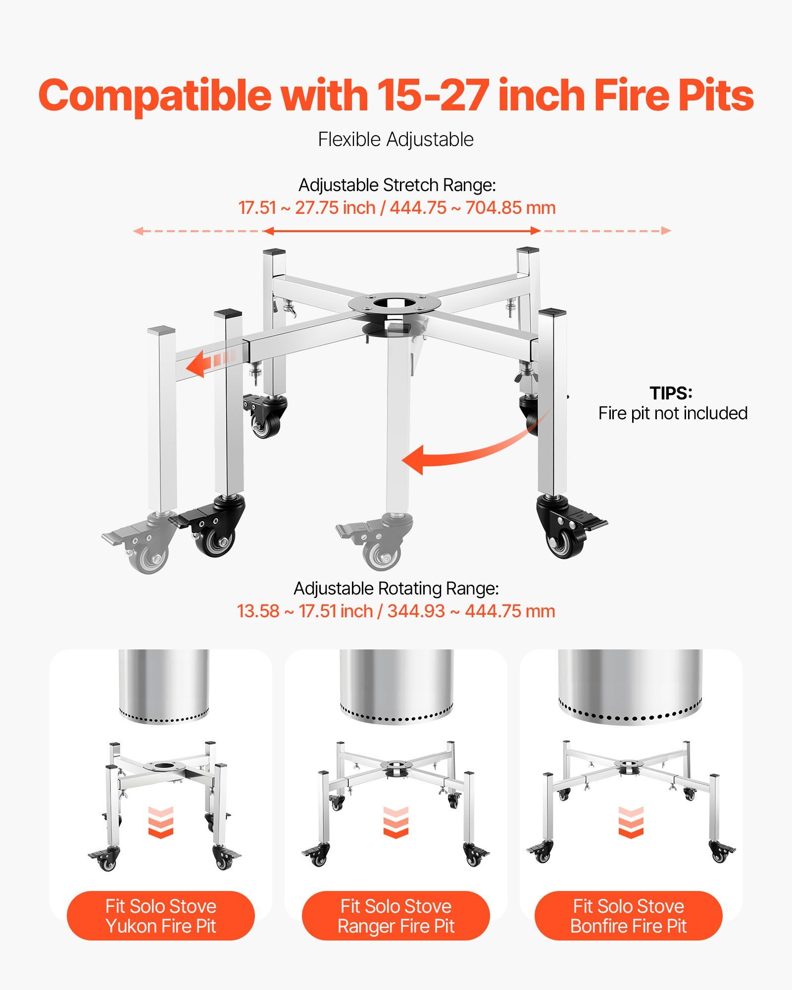 Fire Pit Stand, 38-68.6 cm Adjustable Stretch with 4 Casters, Firepit Stand for Solo Stove Bonfire Ranger Yukon & Other Outside Firepit, Stainless Steel Camping Fire Pit Accessory for Fireplace - Image 2