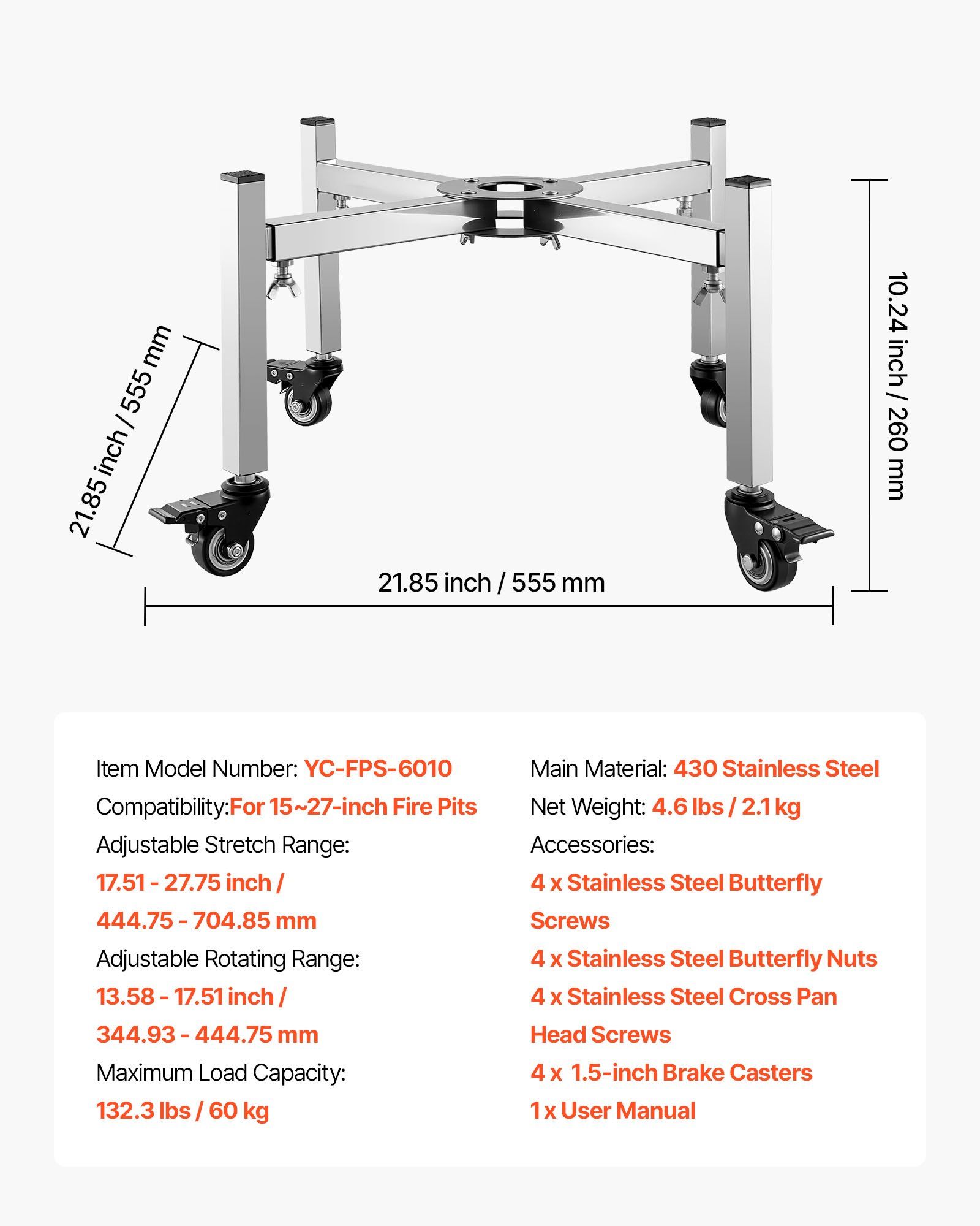 Fire Pit Stand, 38-68.6 cm Adjustable Stretch with 4 Casters, Firepit Stand for Solo Stove Bonfire Ranger Yukon & Other Outside Firepit, Stainless Steel Camping Fire Pit Accessory for Fireplace - Image 7
