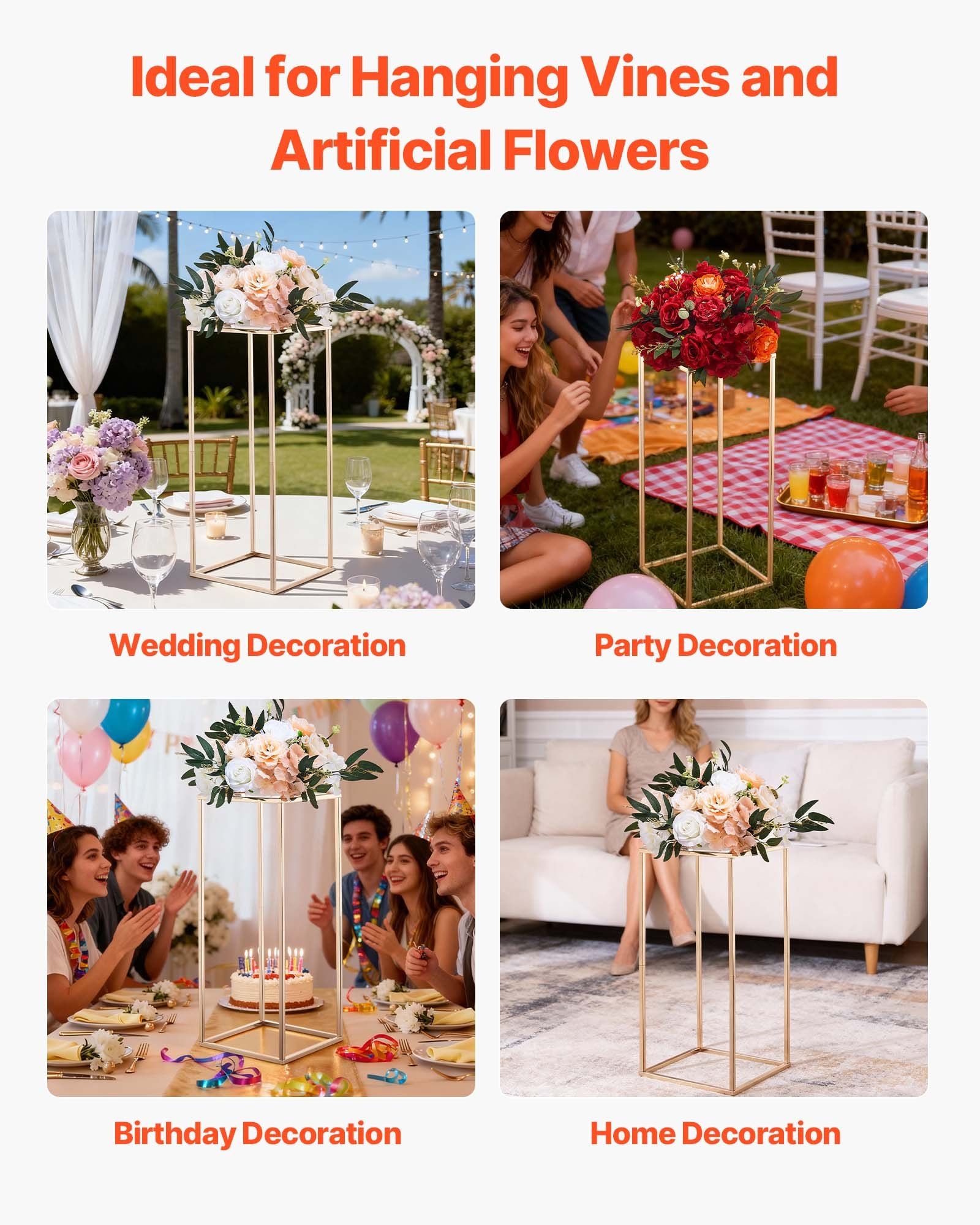 Wedding Flower Stand, 10PCS 60cm Column Flower Stand, Floral Stands with Metal Laminate, Gold Rectangular Floral Display Rack for Wedding, Party, Birthday, Home,  Gold Centerpiece Stands - Image 6