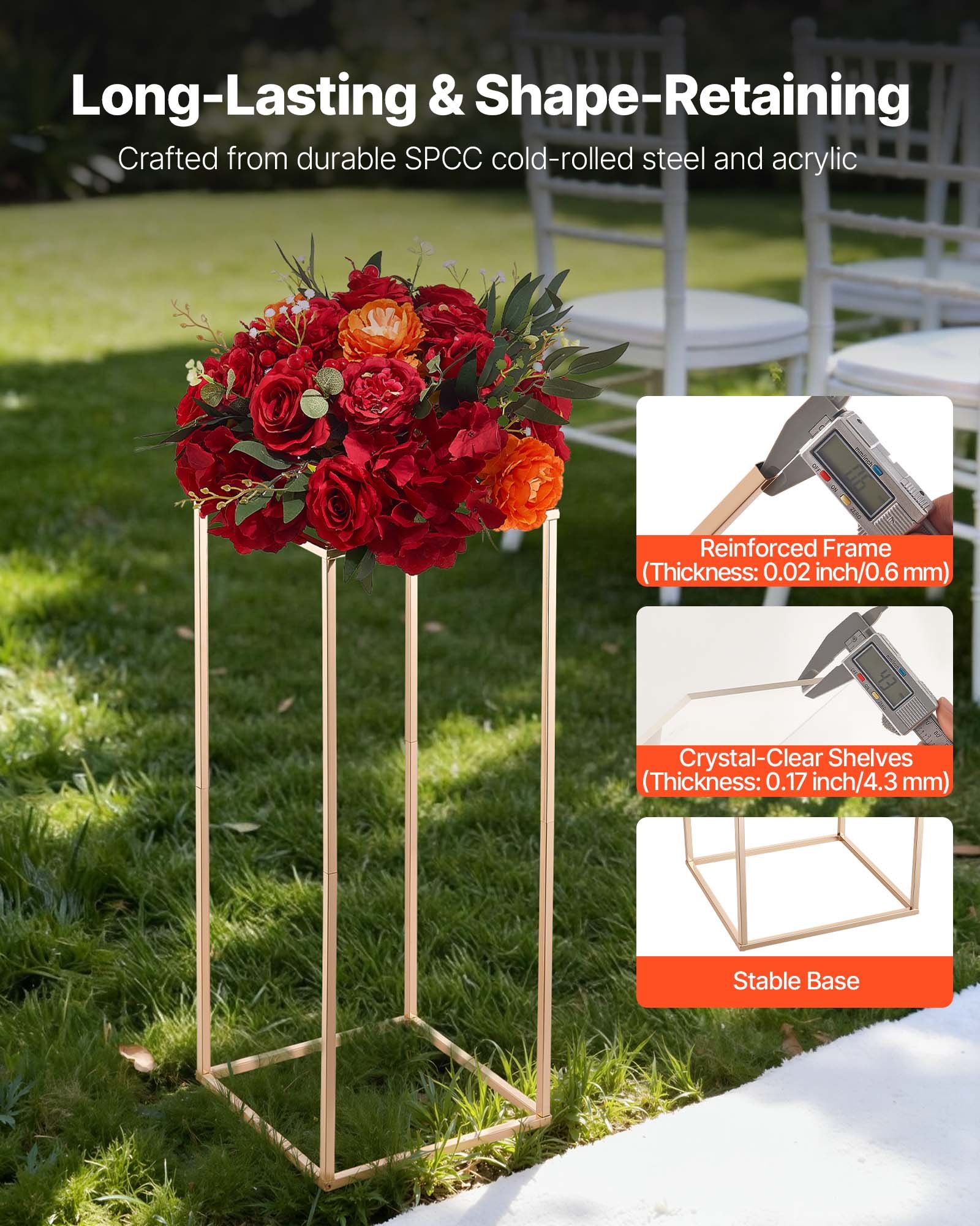Wedding Flower Stand, 10PCS 60cm Column Flower Stand, Floral Stands with Acrylic Laminate, Gold Rectangular Floral Display Rack for Wedding, Party, Birthday, Home, Gold Centerpiece Stands - Image 3