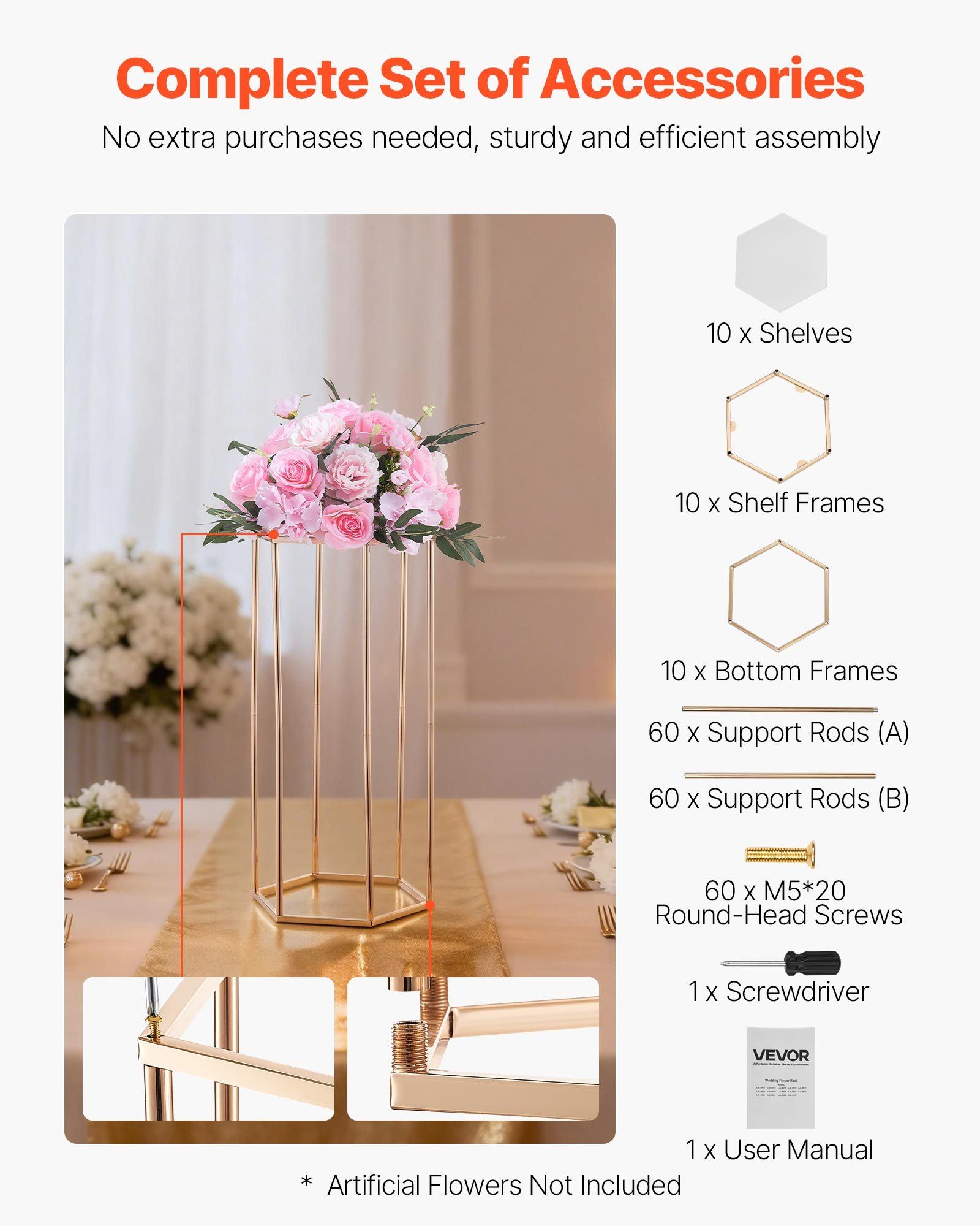 Wedding Flower Stand, 10PCS 60cm Column Flower Stand, Floral Stands with Acrylic Laminate, Hexagonal Cubic Floral Display Rack for Wedding, Party, Birthday, Home, Gold Centerpiece Stands - Image 5