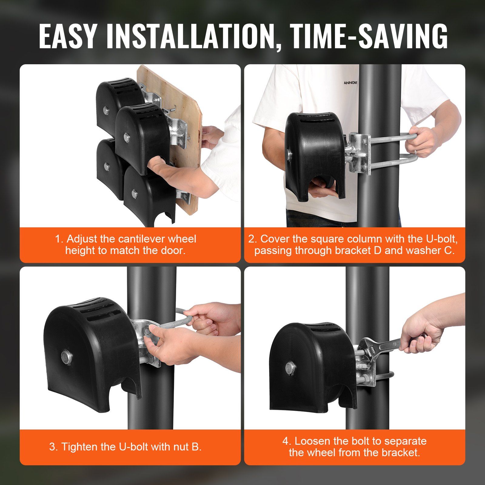 Sliding Gate Kit, Rolling Gate Hardware Kit w/ U-Shaped Wheel Groove for Cantilever Sliding Gates and Rolling Door, Sliding Gate Rollers 4 Track Wheels w/ Cover, Heavy Duty Sliding Roller,Black - Image 6