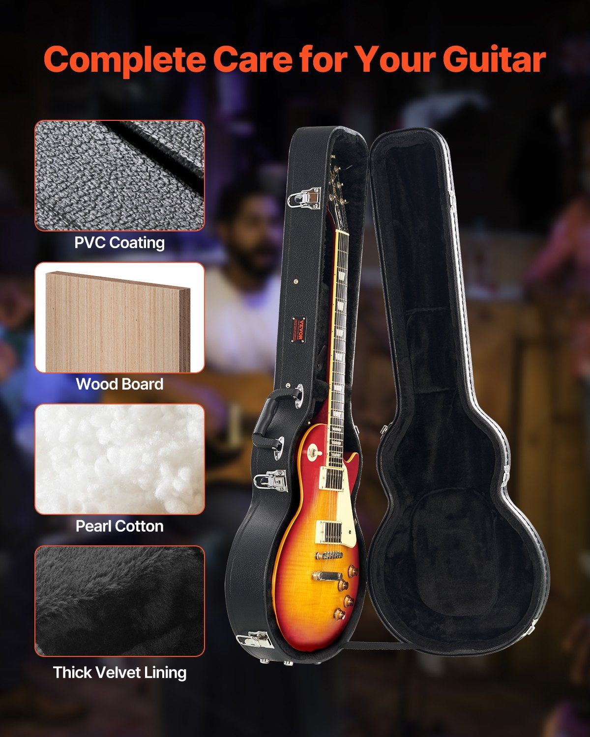 Electric Guitar Hard Case, 1050 mm Gourd-Shaped Guitar Hard Case, With Lock Latch Key Handle, PVC Padding Soft Lining Water-Resistant Hard Shell Guitar Cases, for 990 mm LES Paul Guitars, Black - Image 4