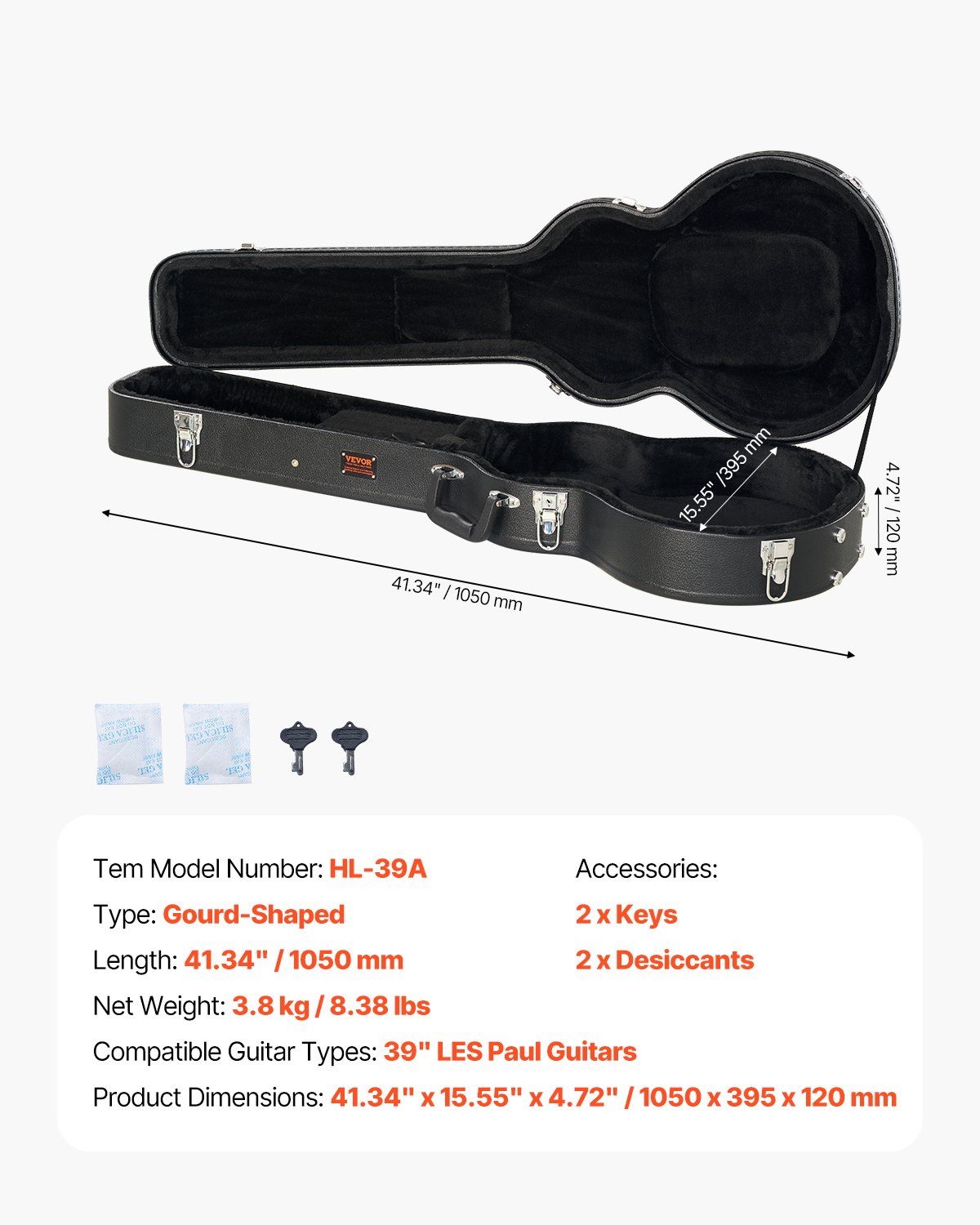 Electric Guitar Hard Case, 1050 mm Gourd-Shaped Guitar Hard Case, With Lock Latch Key Handle, PVC Padding Soft Lining Water-Resistant Hard Shell Guitar Cases, for 990 mm LES Paul Guitars, Black - Image 7