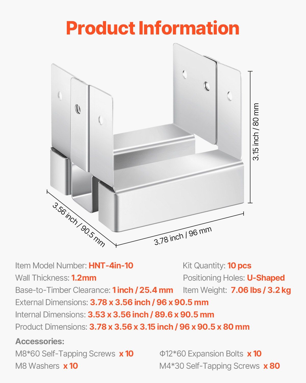 4x4 Post Base 10 Pcs, Inner Size 3.53x3.56inch/89.6x90.5mm Concrete Post Anchor, Heavy-Duty Zinc-Plated Carbon Steel Posts Brackets with 1 Inch Standoff Elevation, for Concrete Pergolas Patios - Image 7