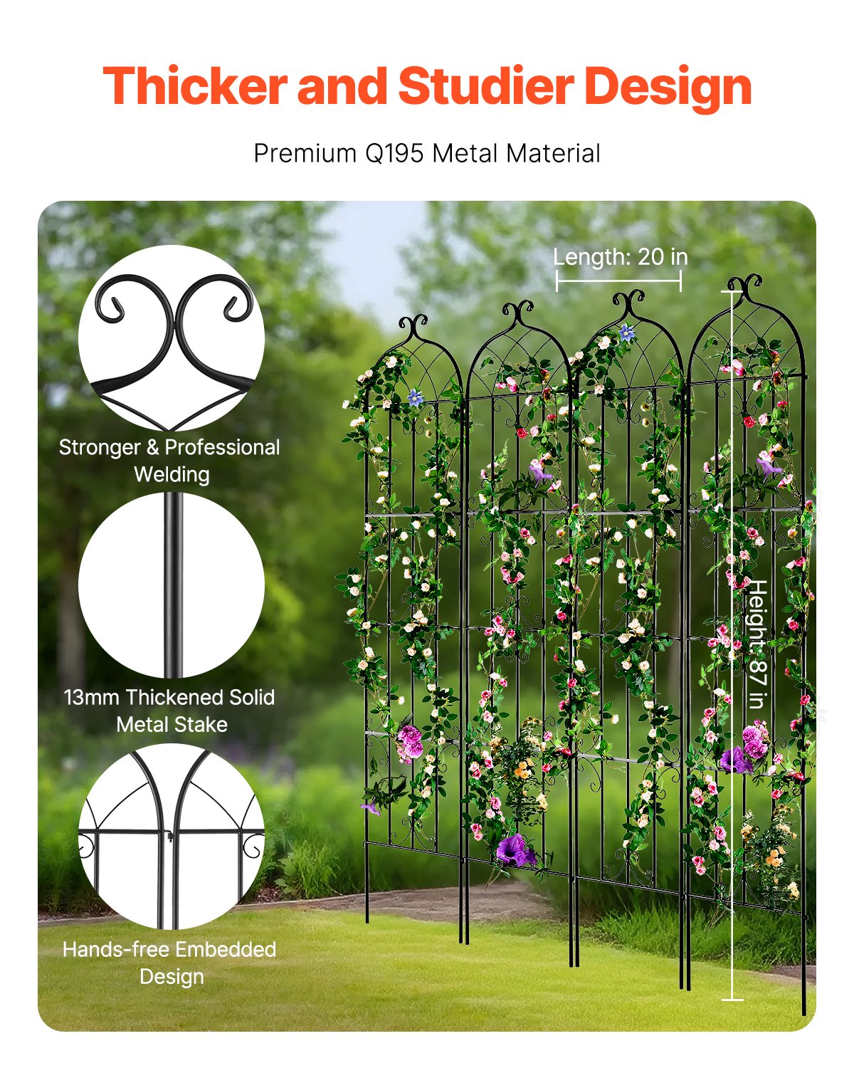 Garden Trellis for Climbing Plants, 87 x 20 in, 4 Packs Rustproof Metal Garden Flower Trellis, Outdoor Climbing Rose Trellis Cucumbers Support, Decorative Clematis Trellis for Courtyards Lawns - Image 2