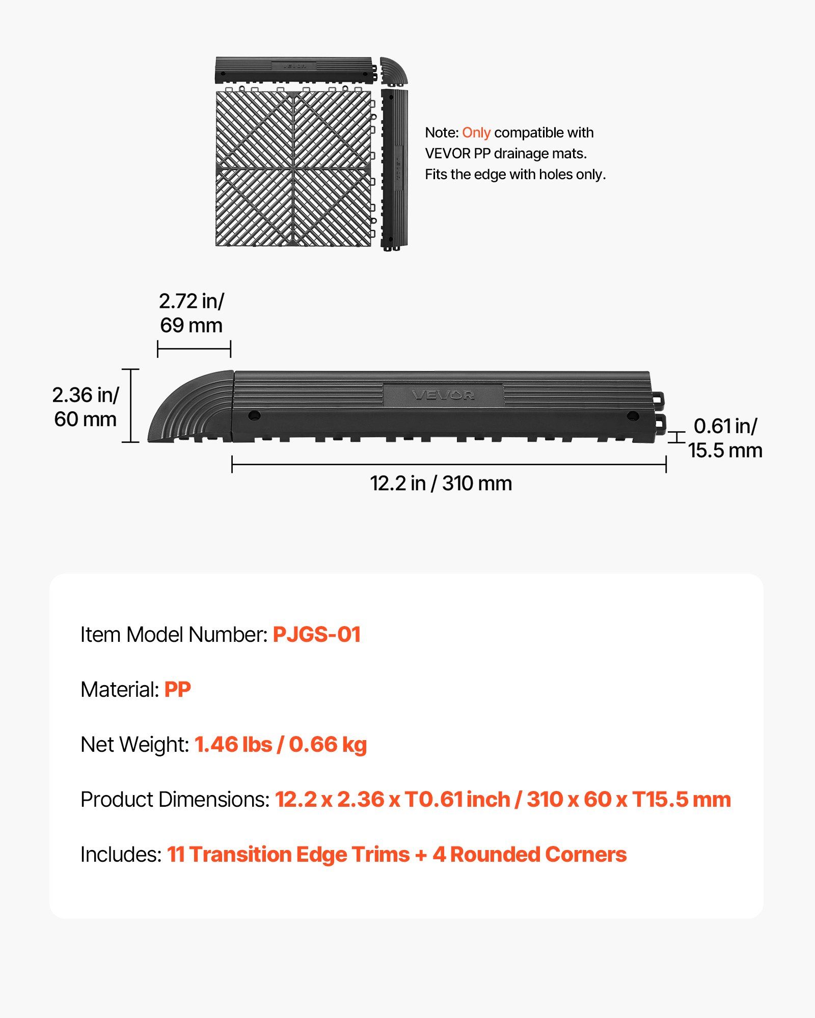 Transition Edge Kit, 11-Piece, Durable Straight Garage Floor Edging, PP Material, Easy Installation, Edge Protection for Wet Area Restaurant Pool, Only Compatible with Drainage Mats, Black - Image 7