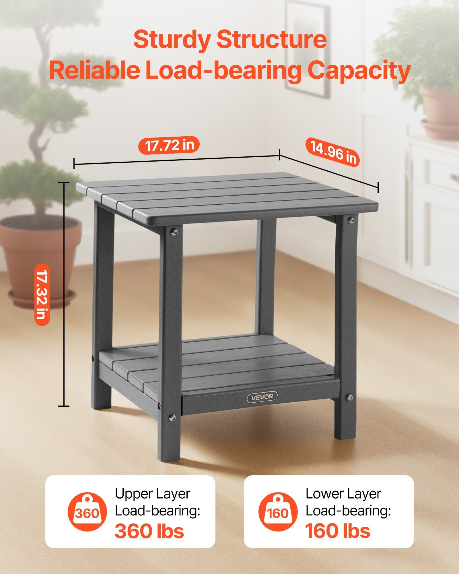 Outdoor Side Table, 450W x 380D x 440H mm, Double Layer HDPE Outside End Table for Easy Maintenance, Withstand Harsh Weather, Fit for Patio, Pool, Beach, Porch, Indoor, Backyard, Grey - Image 2