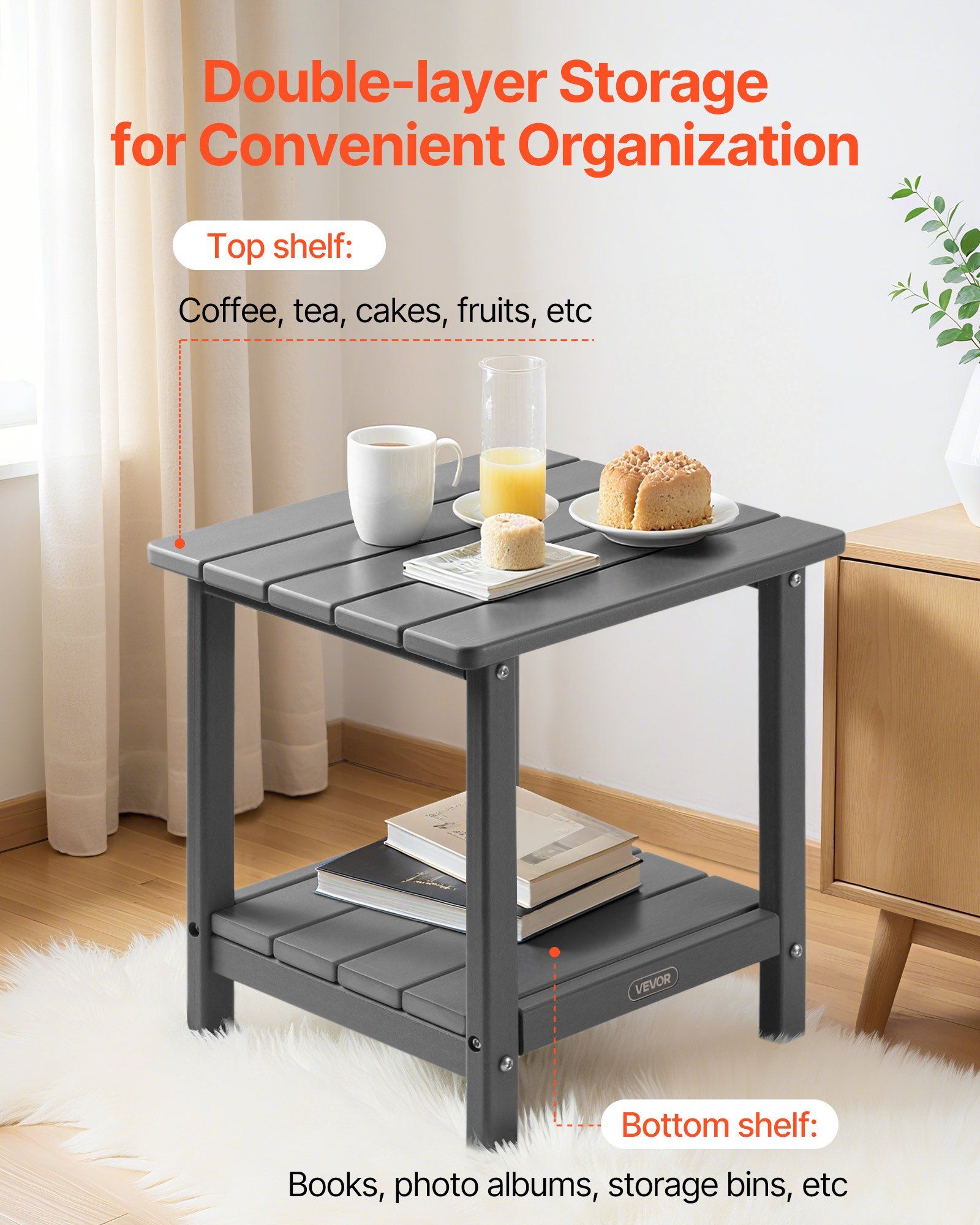 Outdoor Side Table, 450W x 380D x 440H mm, Double Layer HDPE Outside End Table for Easy Maintenance, Withstand Harsh Weather, Fit for Patio, Pool, Beach, Porch, Indoor, Backyard, Grey - Image 3
