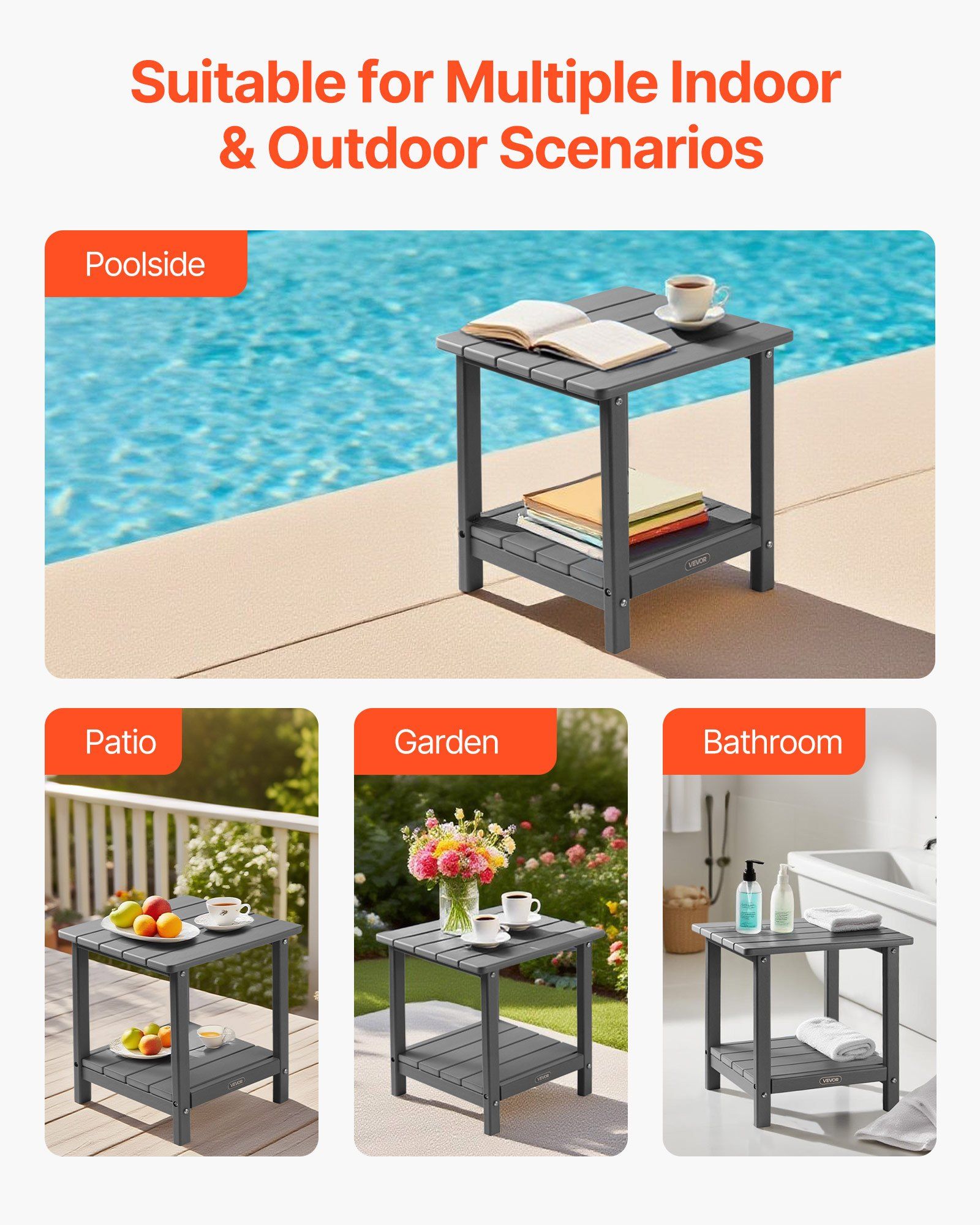 Outdoor Side Table, 450W x 380D x 440H mm, Double Layer HDPE Outside End Table for Easy Maintenance, Withstand Harsh Weather, Fit for Patio, Pool, Beach, Porch, Indoor, Backyard, Grey - Image 6