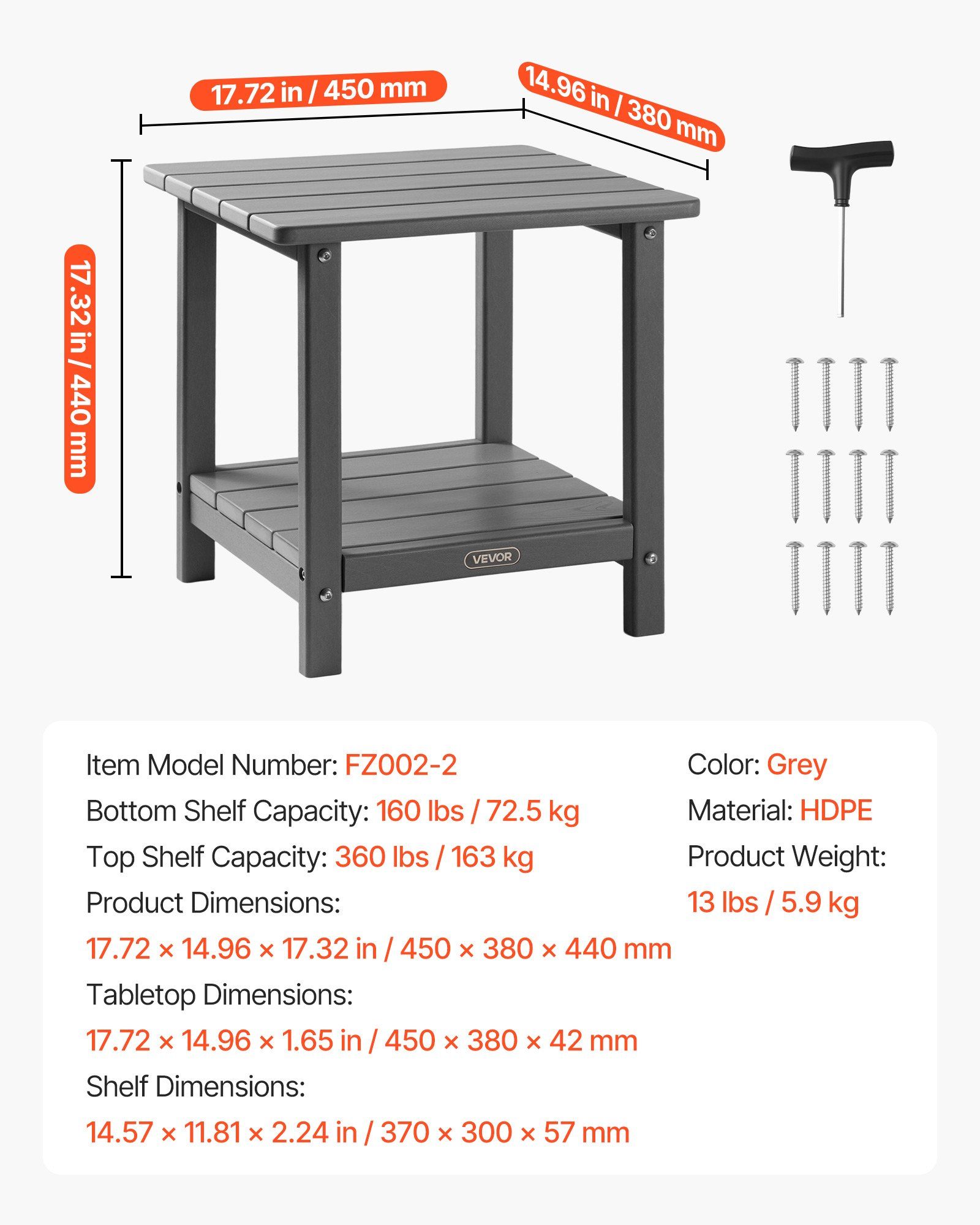Outdoor Side Table, 450W x 380D x 440H mm, Double Layer HDPE Outside End Table for Easy Maintenance, Withstand Harsh Weather, Fit for Patio, Pool, Beach, Porch, Indoor, Backyard, Grey - Image 7